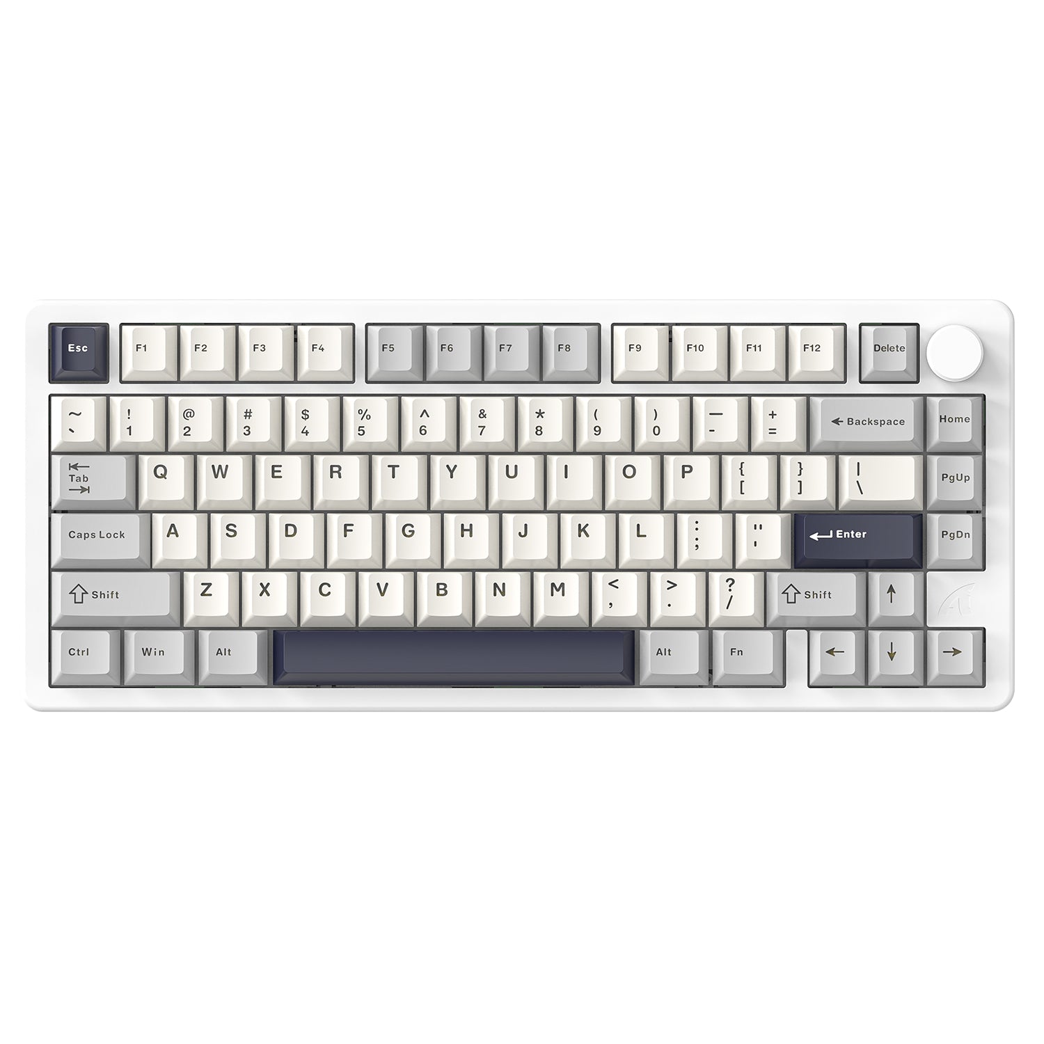 ATTACK SHARK X86 white full aluminum 75% layout mechanical keyboard with dark navy and grey keycaps and RGB lighting.