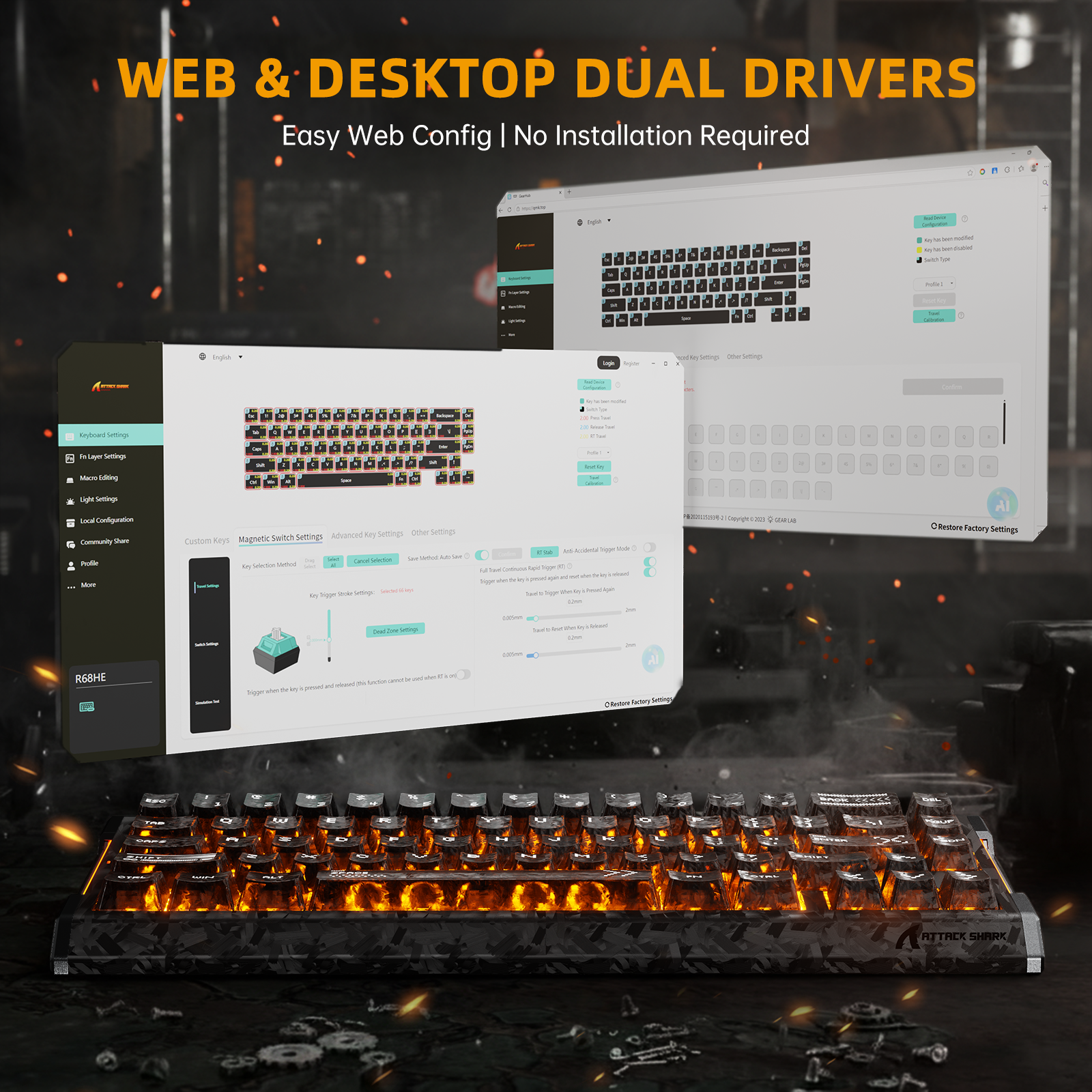 Teclado ATTACK SHARK R68 HE Rapid Trigger de fibra de carbono con interruptor magnético