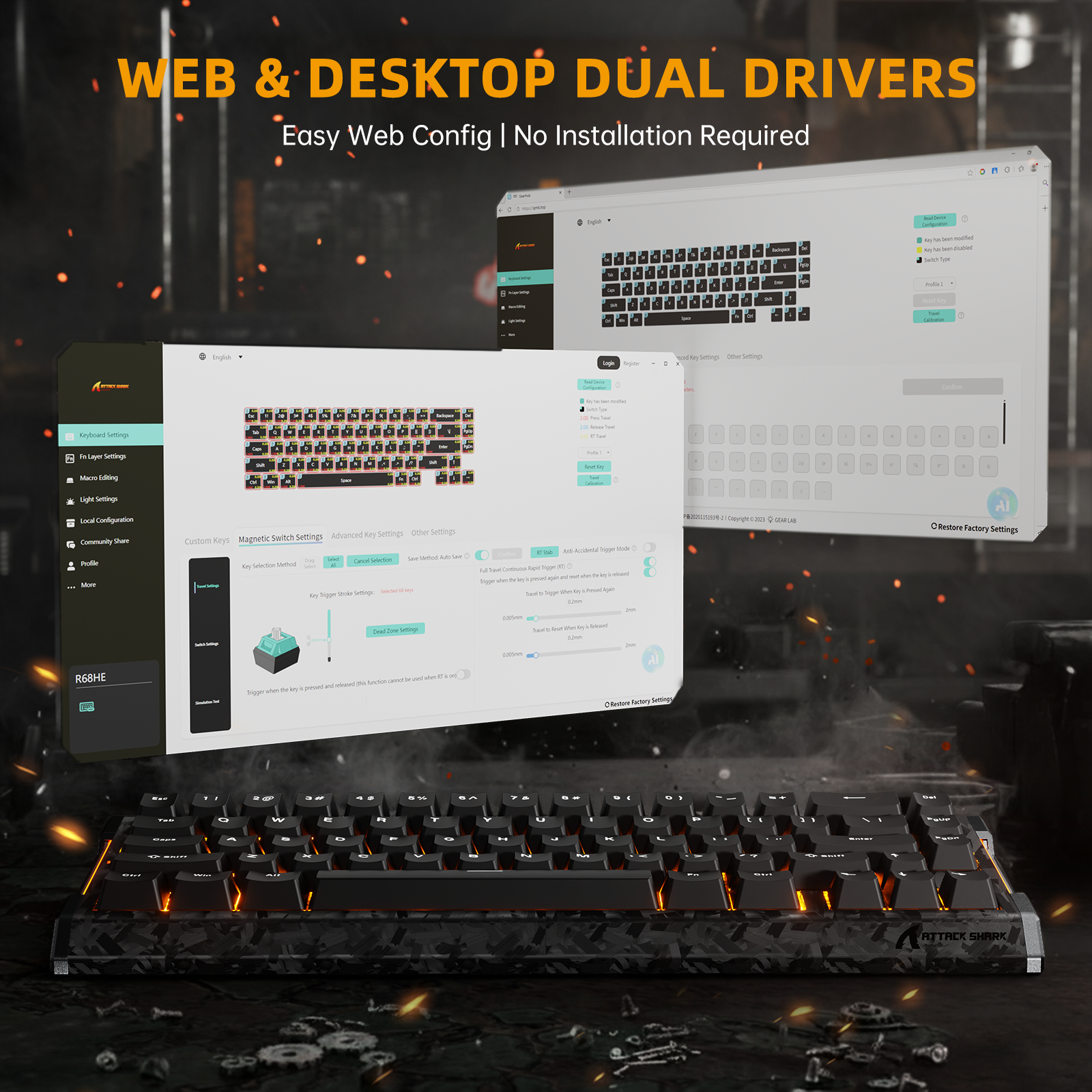Teclado ATTACK SHARK R68 HE Rapid Trigger de fibra de carbono con interruptor magnético