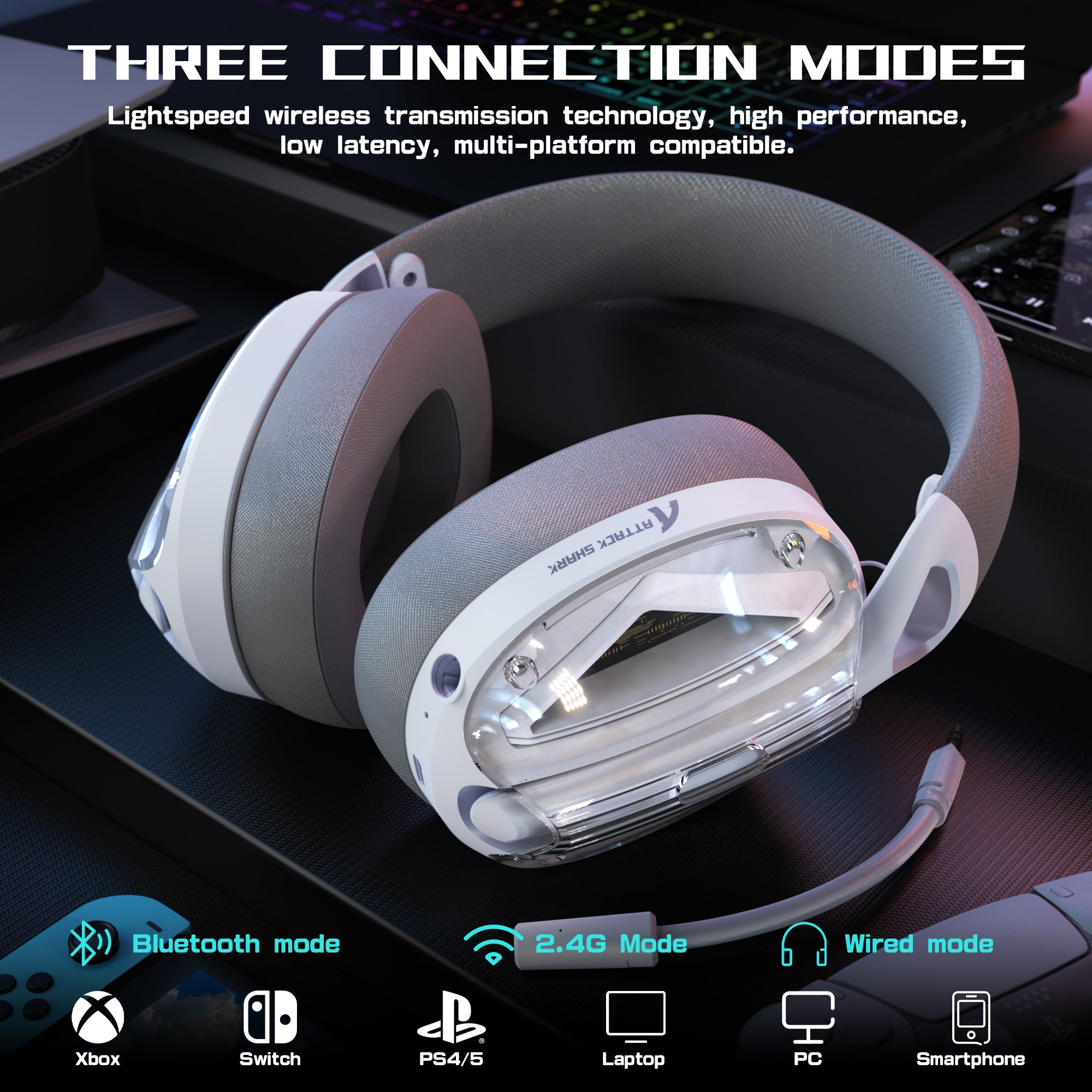 ATTACK SHARK L60 gaming headset: Bluetooth, 2.4G, Wired modes. Xbox, Switch, PS4/PS5, Laptop, PC, Smartphone compatible.