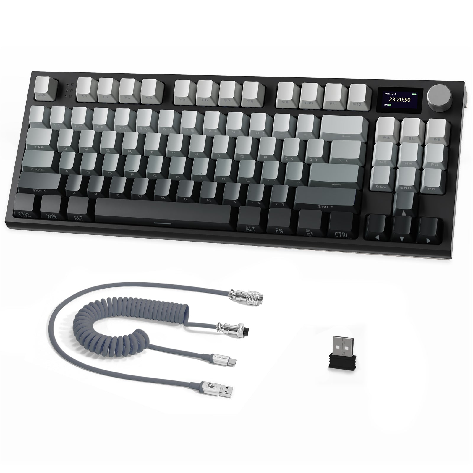 ATTACK SHARK K86PRO 75% TKL wireless keyboard, gray/white PBT keycaps, smart display, coiled USB-C cable, and wireless dongle.