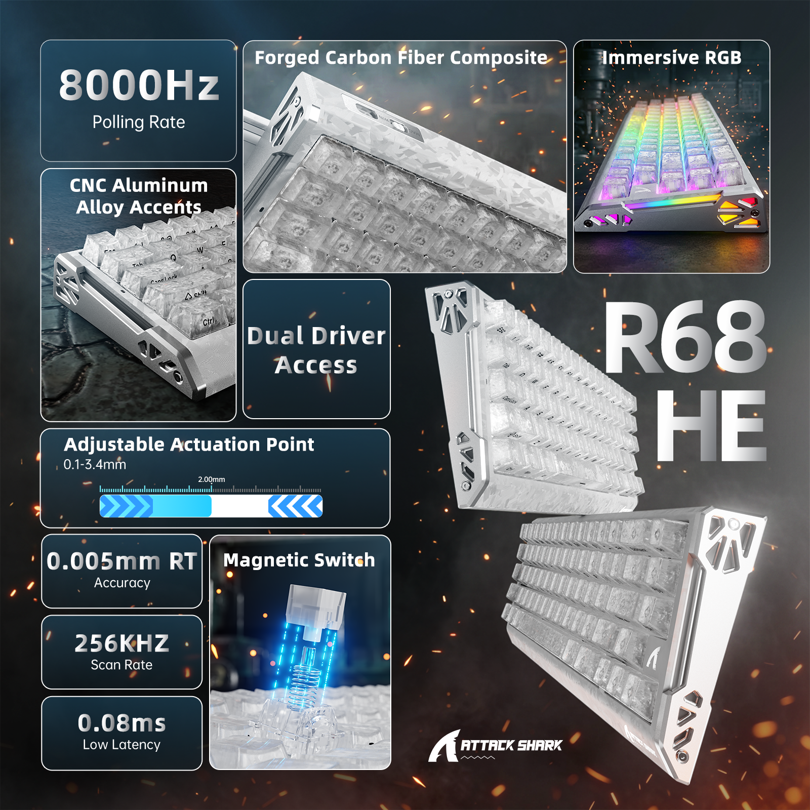 Teclado ATTACK SHARK R68 HE Rapid Trigger de fibra de carbono con interruptor magnético