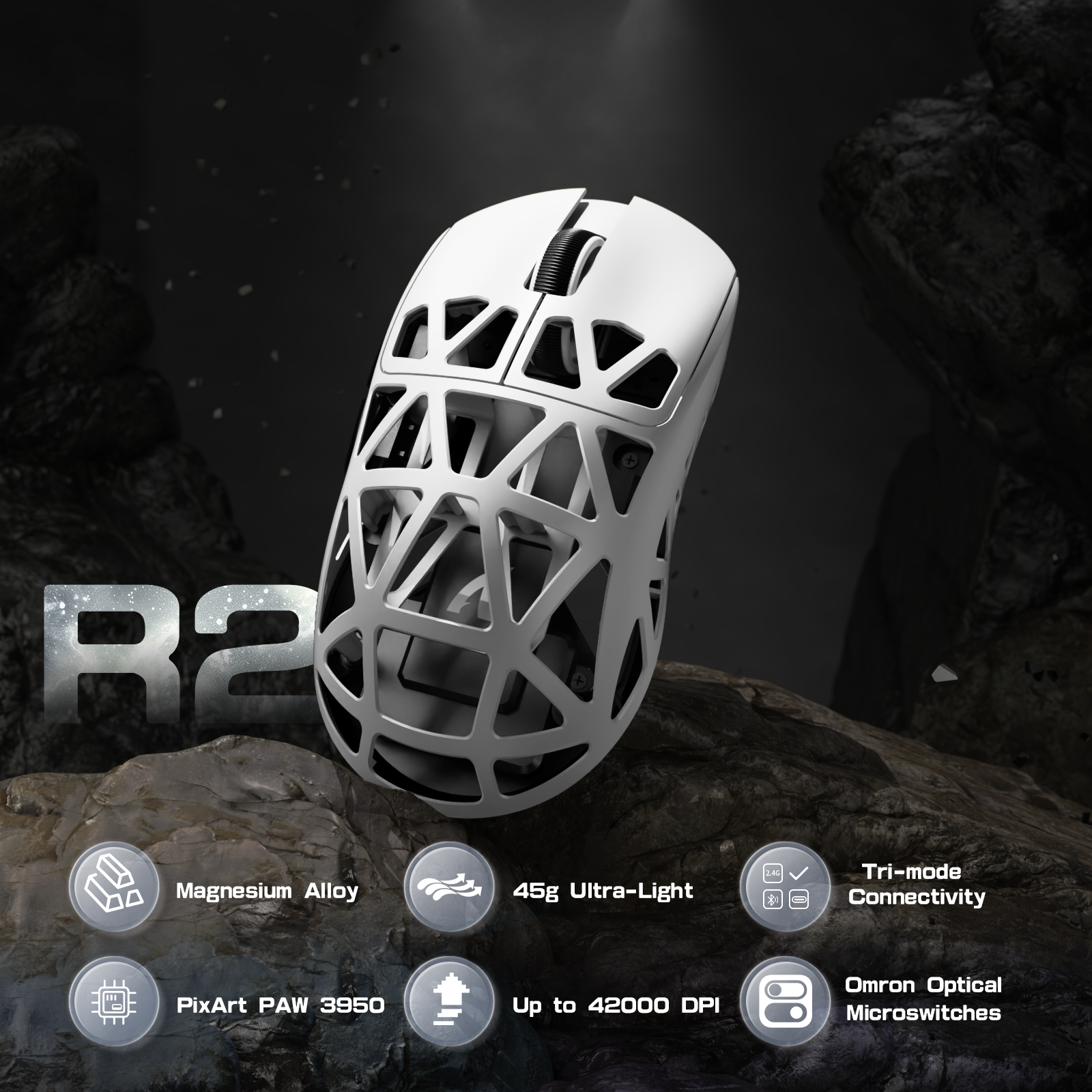 ATTACK SHARK R2 gaming mouse: 45g magnesium alloy, PAW 3950 sensor, 8000Hz wireless, tri-mode connectivity, 42000 DPI.
