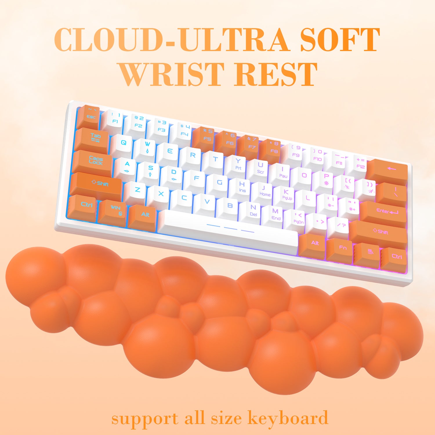 Orange cloud-shaped wrist rest designed for ergonomic support under a mechanical keyboard.