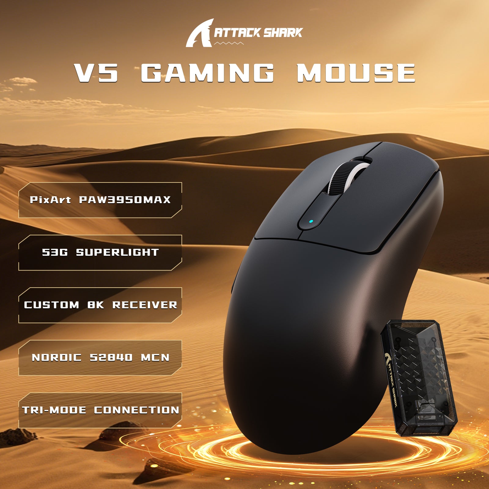 Ratón gaming inalámbrico ATTACK SHARK V5 8KHz PAW3950MAX con cable C06 Ultra