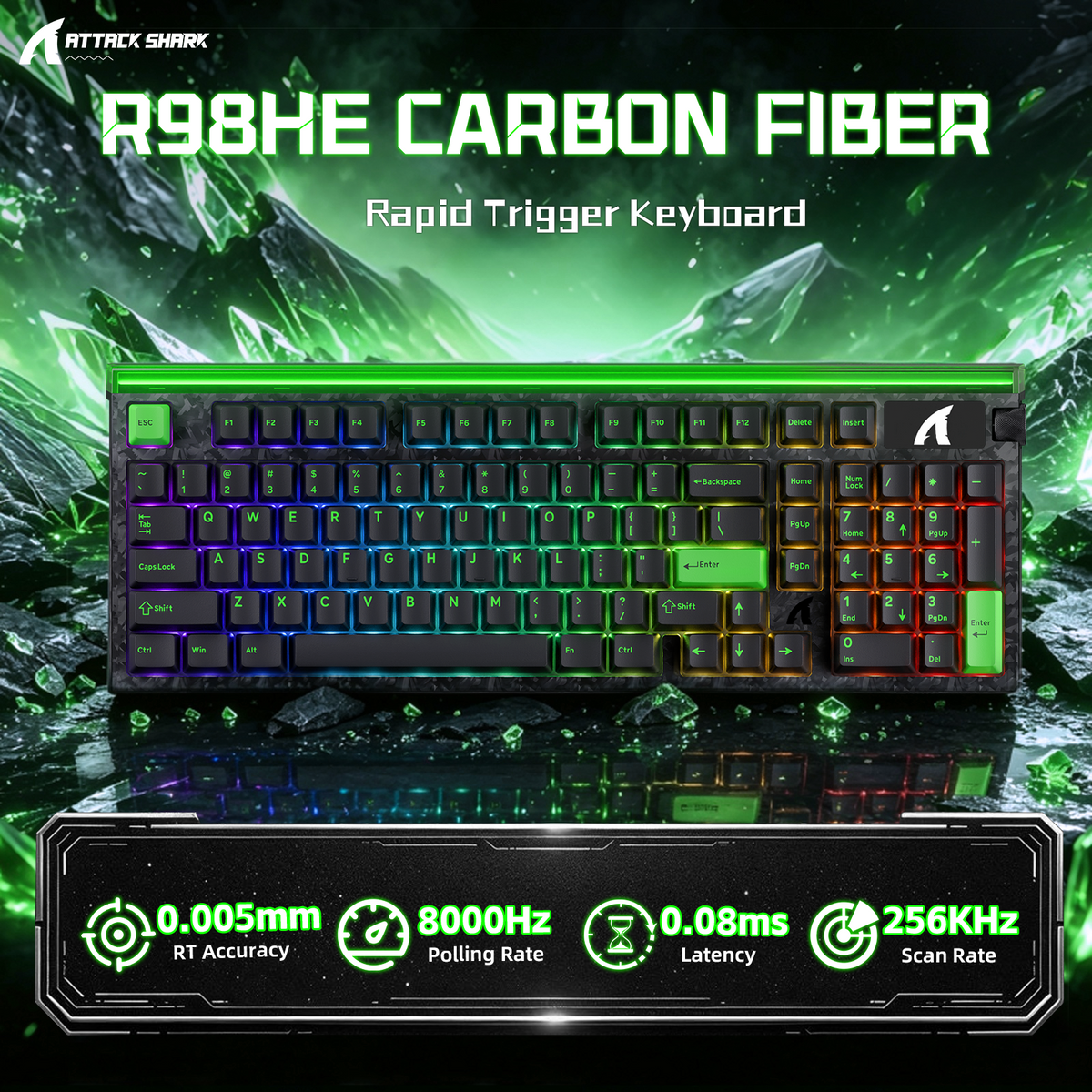 Teclado con cable ATTACK SHARK R98 HE de fibra de carbono, gatillo rápido, interruptor magnético y cable en espiral C01 Ultra RGB