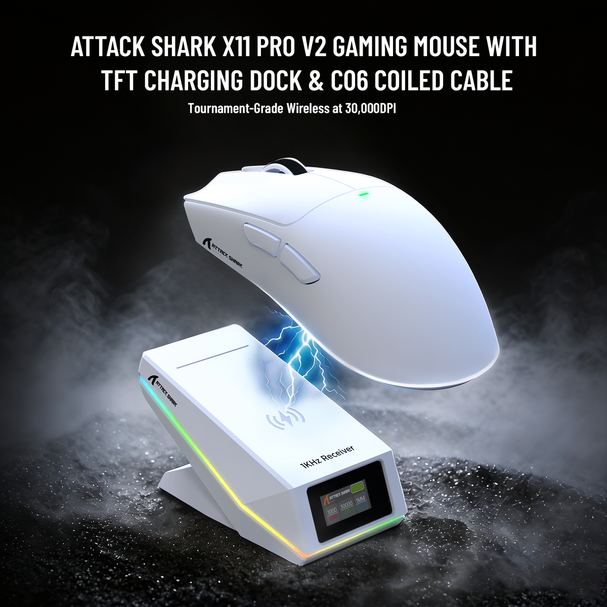 Ratón inalámbrico para juegos ATTACK SHARK X11 PRO V2 con pantalla TFT y base de carga con cable en espiral C06