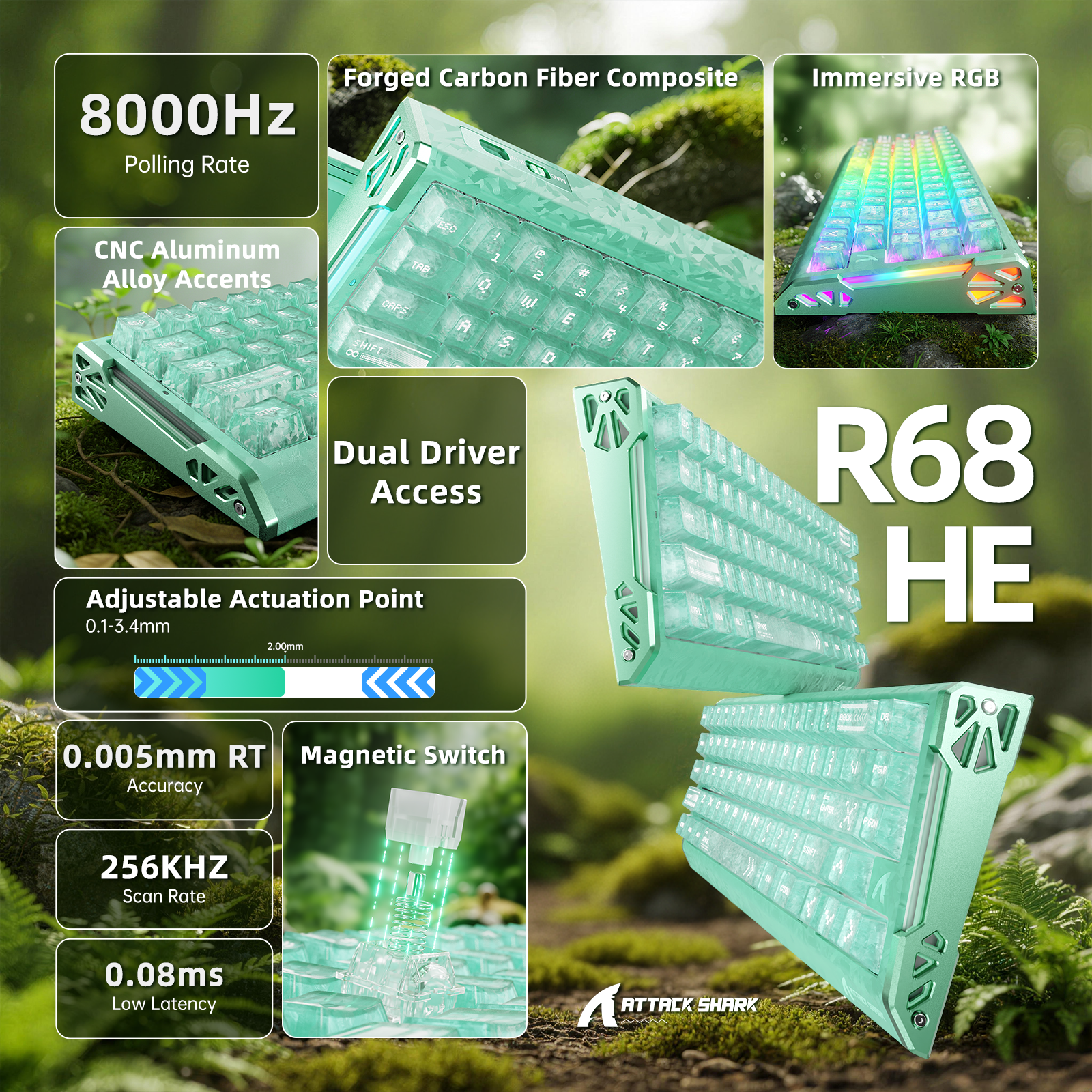 Teclado ATTACK SHARK R68 HE Rapid Trigger de fibra de carbono con interruptor magnético