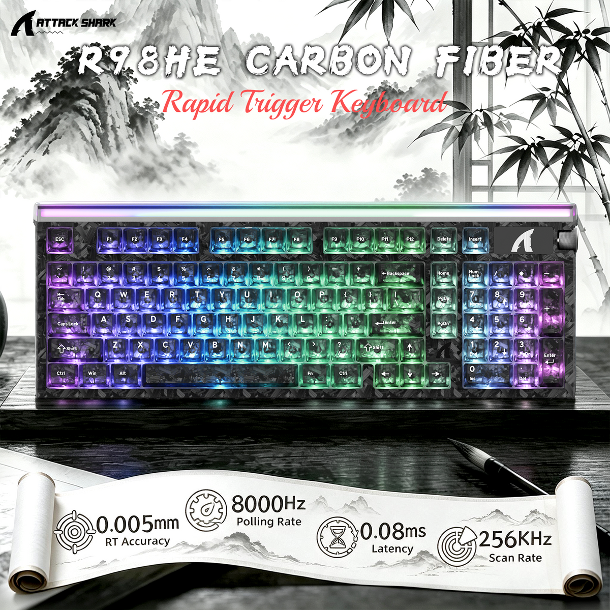Teclado con cable ATTACK SHARK R98 HE de fibra de carbono, gatillo rápido, interruptor magnético y cable en espiral C01 Ultra RGB