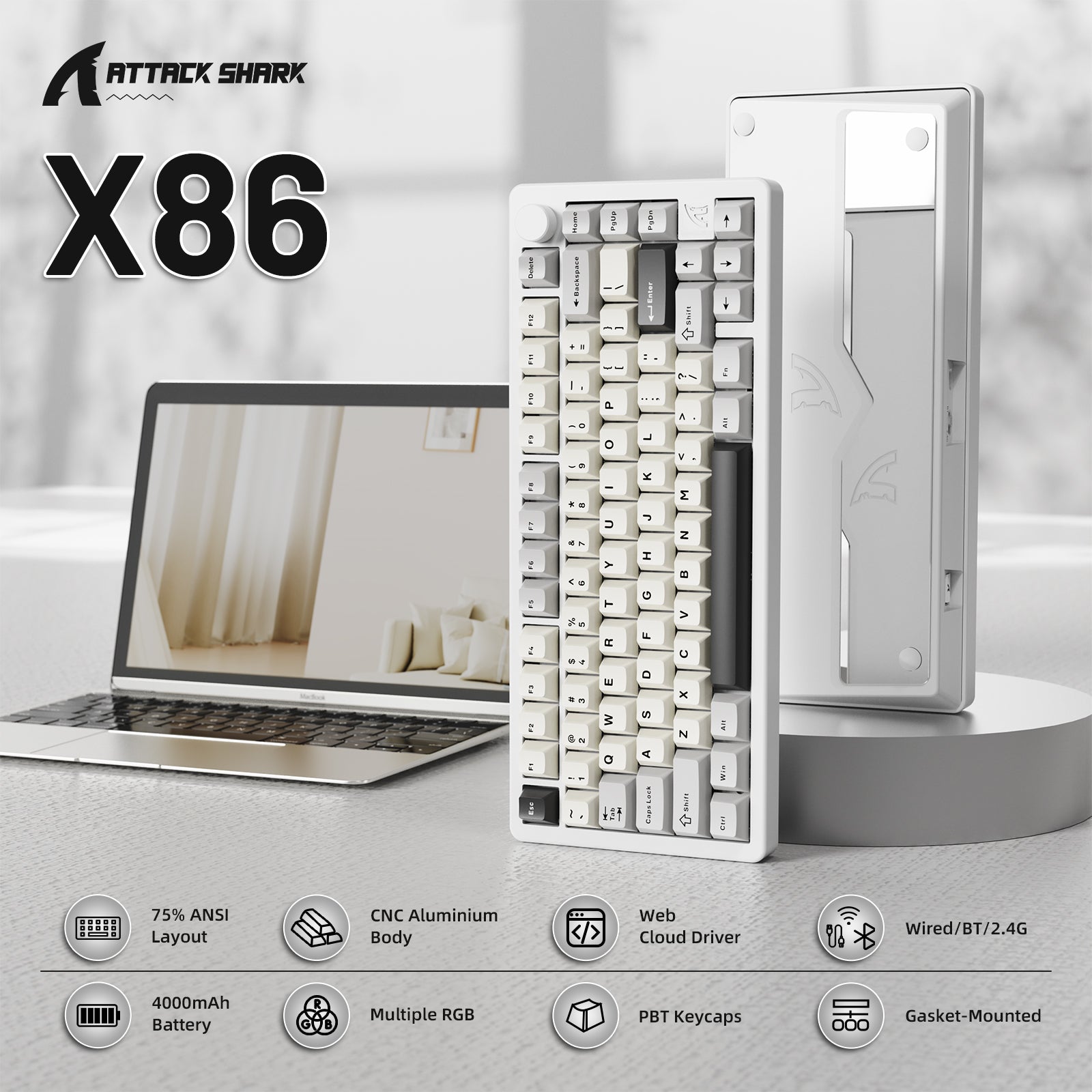 ATTACK SHARK X86 white 75% aluminum mechanical keyboard with RGB, gasket mount, and tri-mode connection.