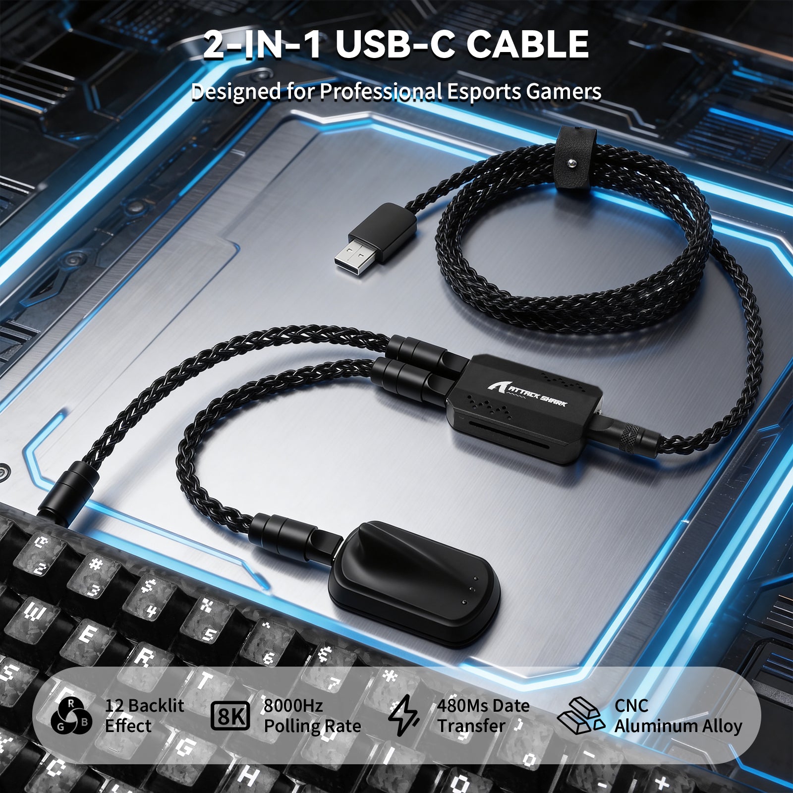 Cable 2 en 1 ATTACK SHARK C07 PRO Tipo C para teclado/ratón de juego 8KHz