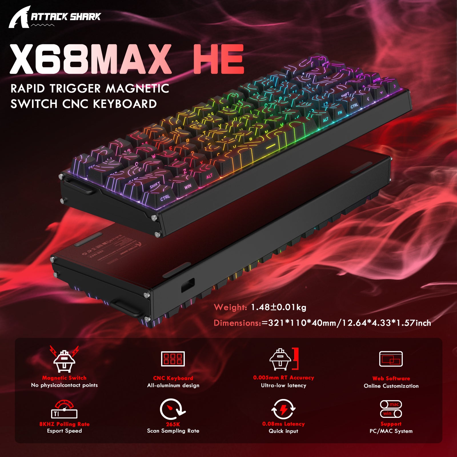 Teclado CNC de aluminio ATTACK SHARK X68MAX HE Rapid Trigger con interruptor magnético y cable en espiral RGB C01Ultra