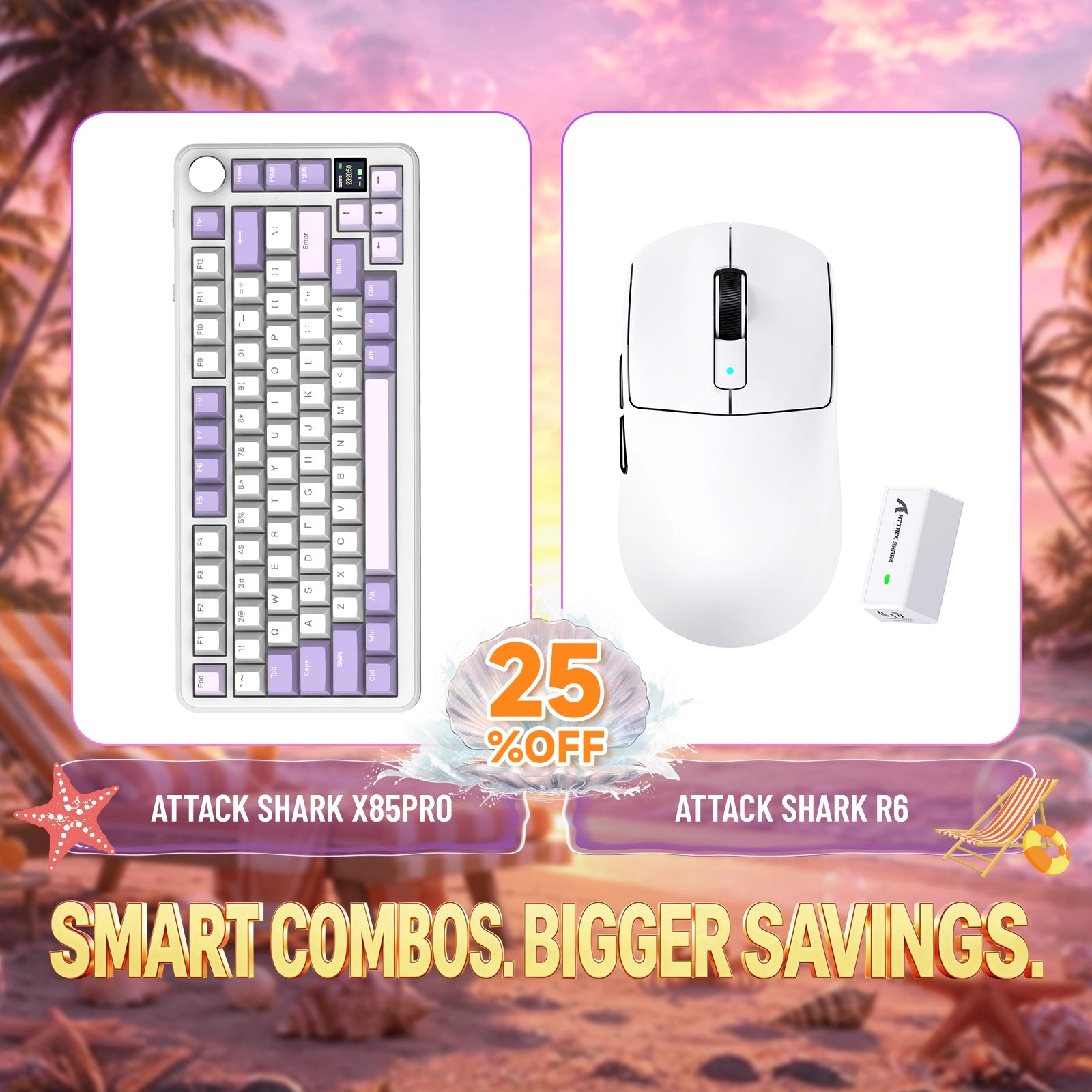 ATTACK SHARK X85PRO purple-and-white mechanical keyboard and R6 white wireless gaming mouse bundle, 25% off
