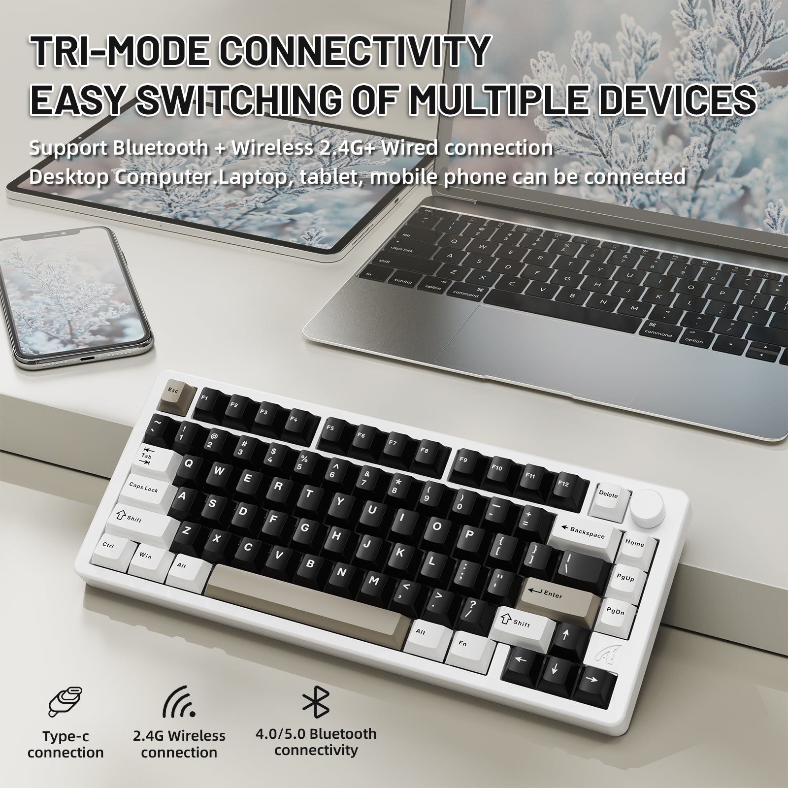 ATTACK SHARK X86 mechanical keyboard, tri-mode connectivity, white body, and multi-color keycaps.