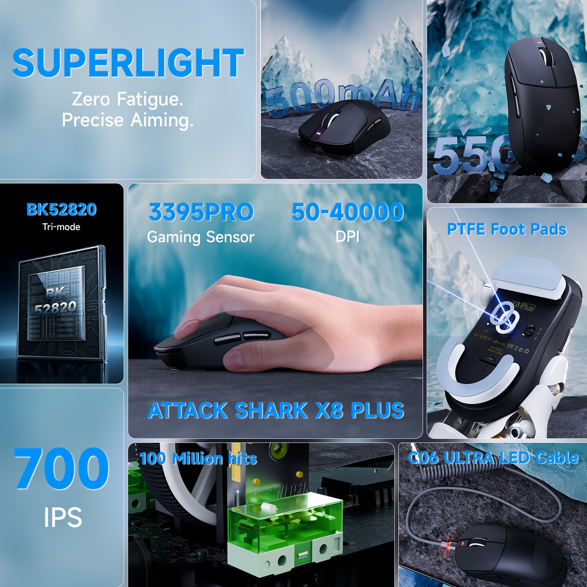 Ratón gaming inalámbrico triplомodo ATTACK SHARK X8 PLUS con cable C06 ULTRA