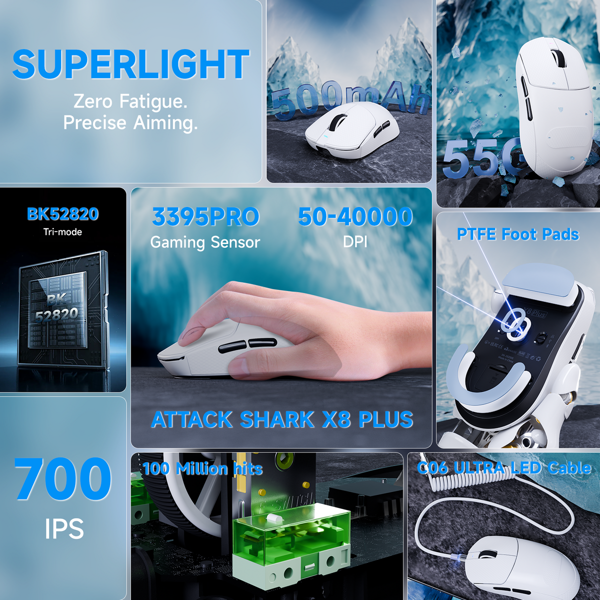 Ratón gaming inalámbrico triplомodo ATTACK SHARK X8 PLUS con cable C06 ULTRA