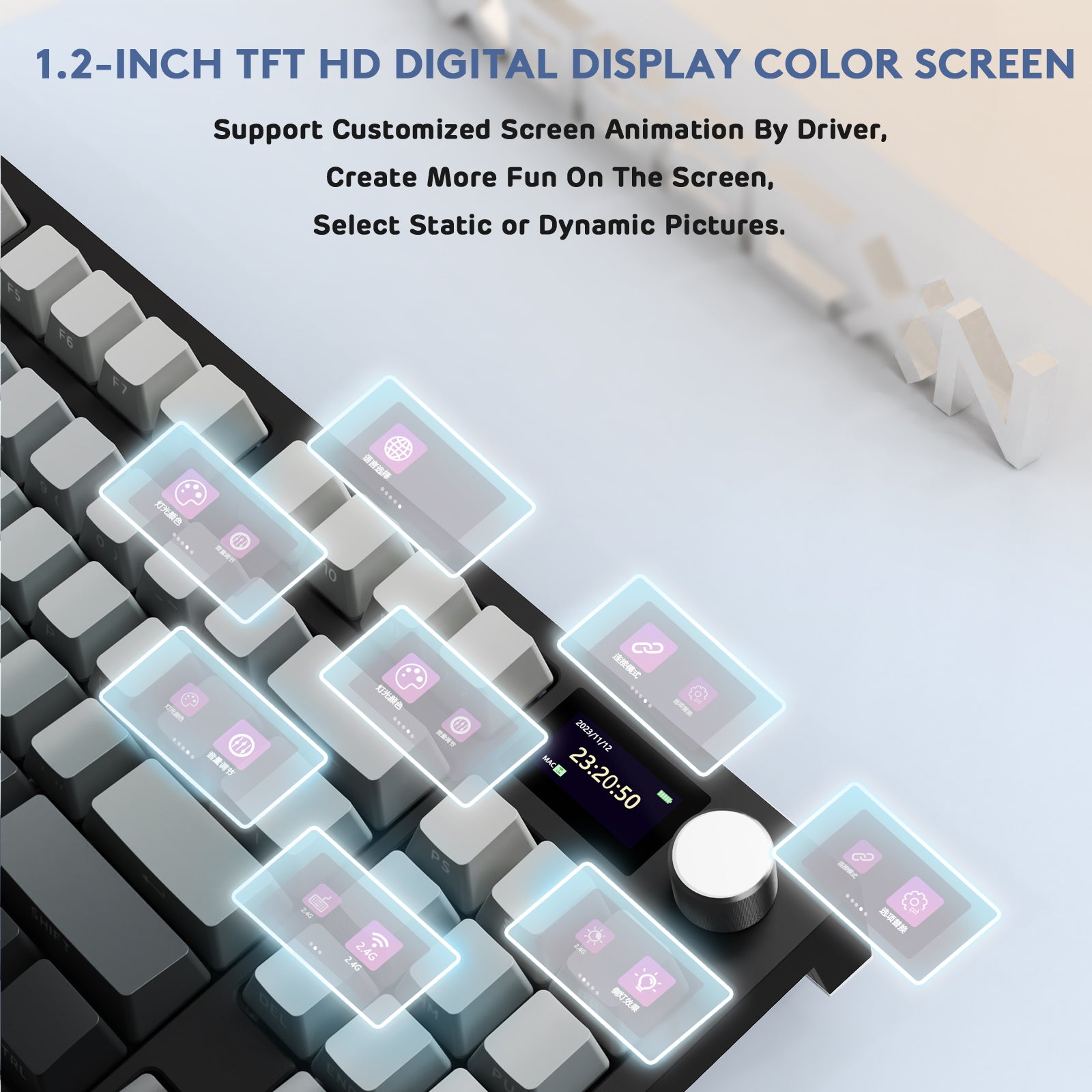 ATTACK SHARK K86 Pro keyboard with 1.2" TFT HD smart display, showing time & icons. Features customizable RGB & multi-mode connectivity.