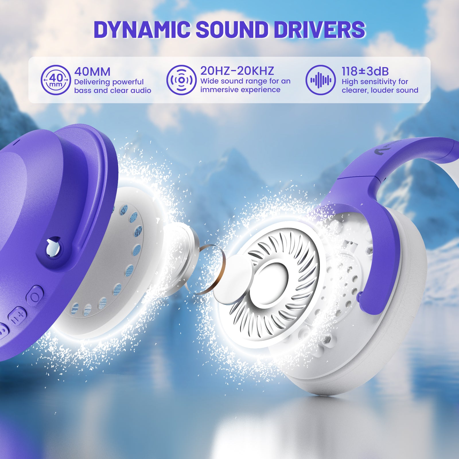 ATTACK SHARK G300 ANC headphones showcasing dynamic sound drivers with 40mm drivers, 20Hz-20KHz range, and high sensitivity