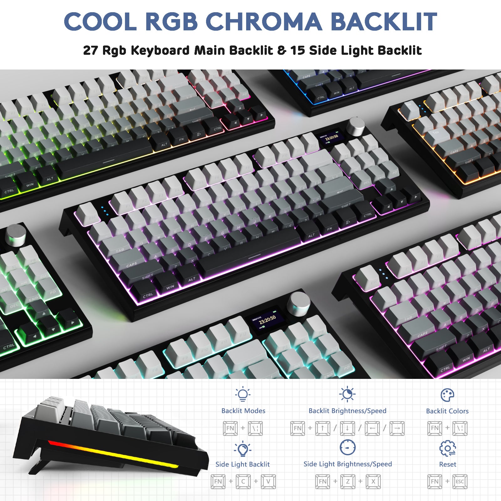 ATTACK SHARK K86 Pro 75% RGB mechanical keyboard with dynamic lighting and color display.