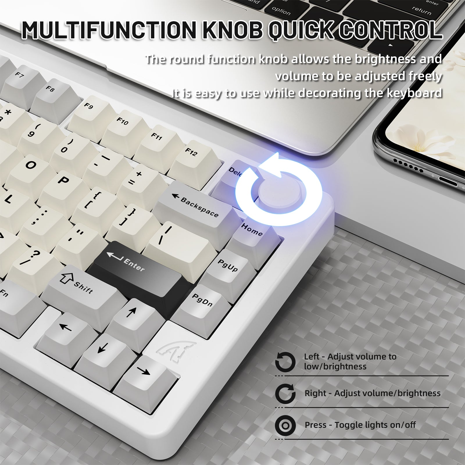 ATTACK SHARK X86 aluminum keyboard with multifunction knob for quick control of brightness and volume.