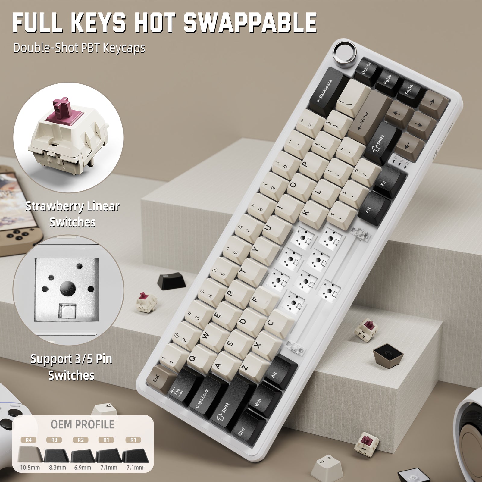 ATTACK SHARK X66 Mechanical Keyboard, hot-swappable with PBT keycaps and Strawberry switches, supports 3/5 pin