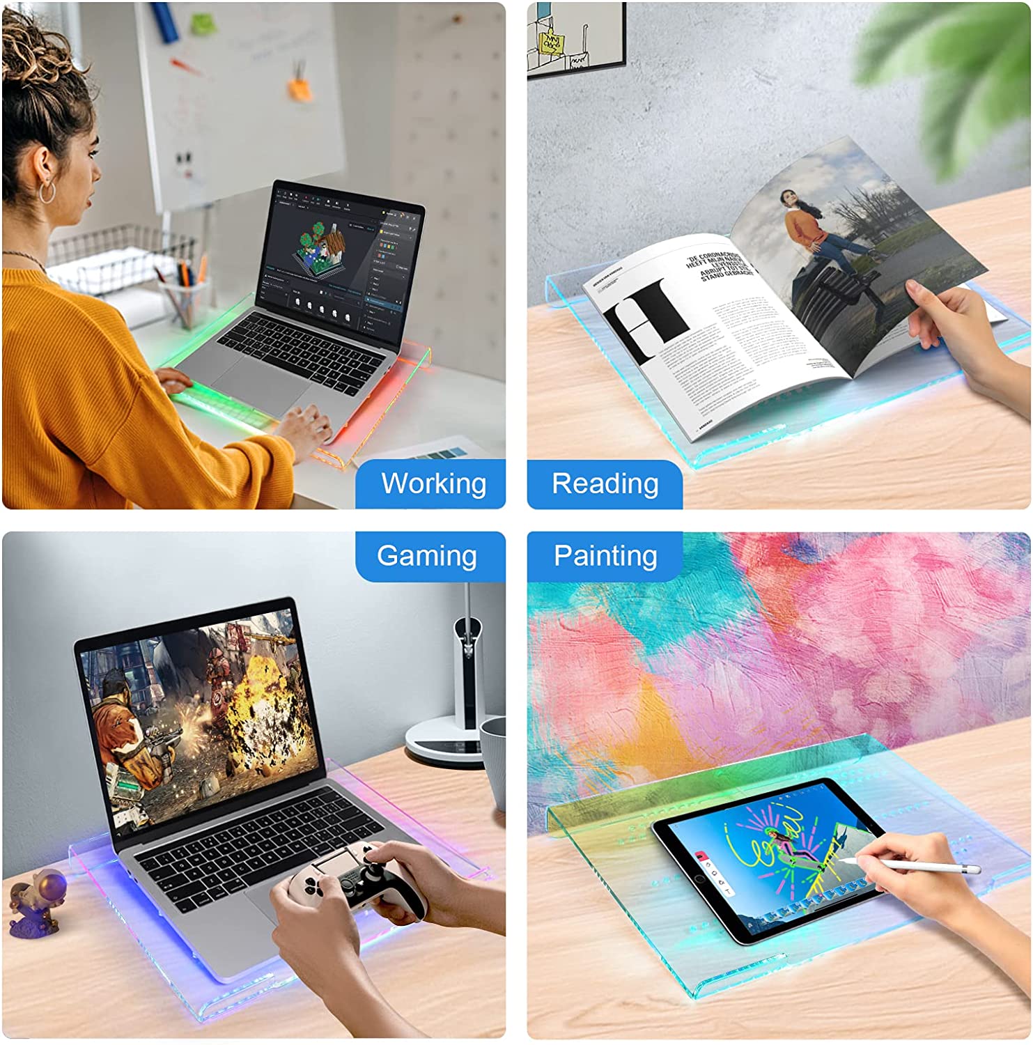 ATTACK SHARK X MAMBASNAKE clear acrylic laptop riser with RGB lights for work, gaming, reading, and art.