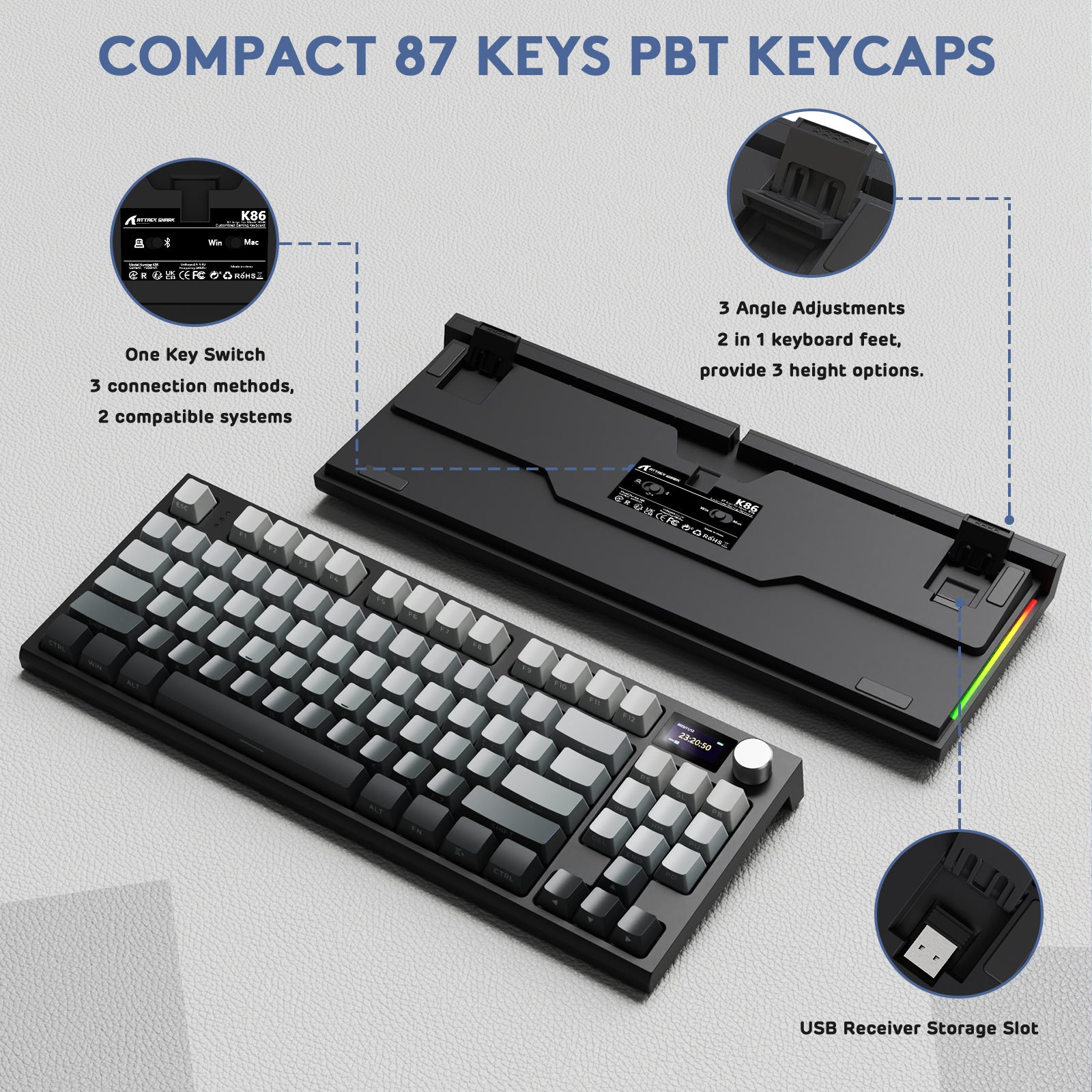 ATTACK SHARK K86PRO Wireless Mechanical Keyboard with PBT keycaps, 75% layout, and smart color display.