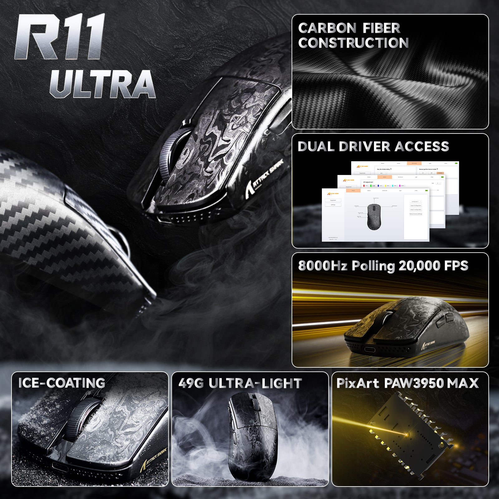 Ratón gaming inalámbrico ATTACK SHARK R11 ULTRA 8K de fibra de carbono PAW3950MAX