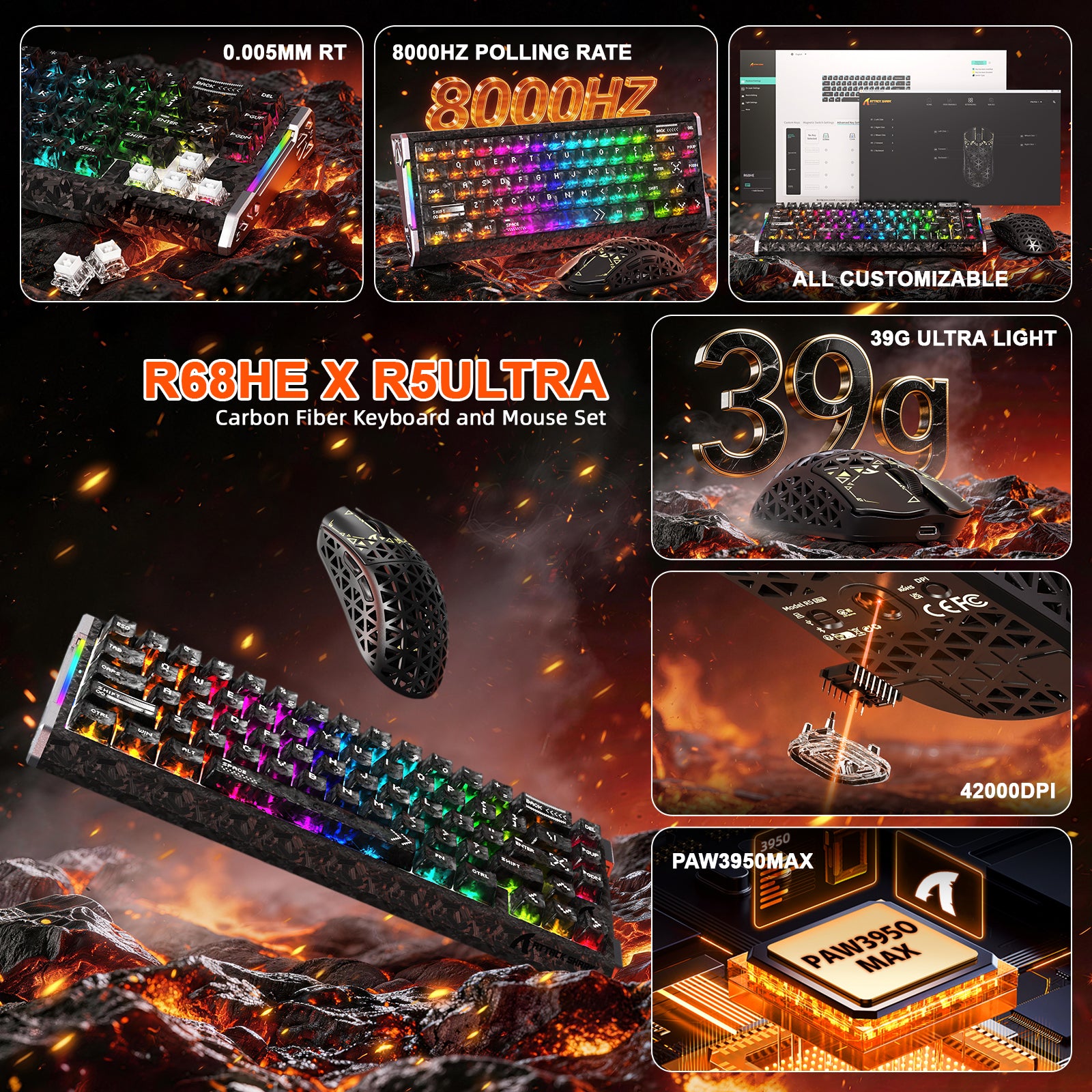 Paquete gaming ATTACK SHARK R68 HE & R5 ULTRA de fibra de carbono