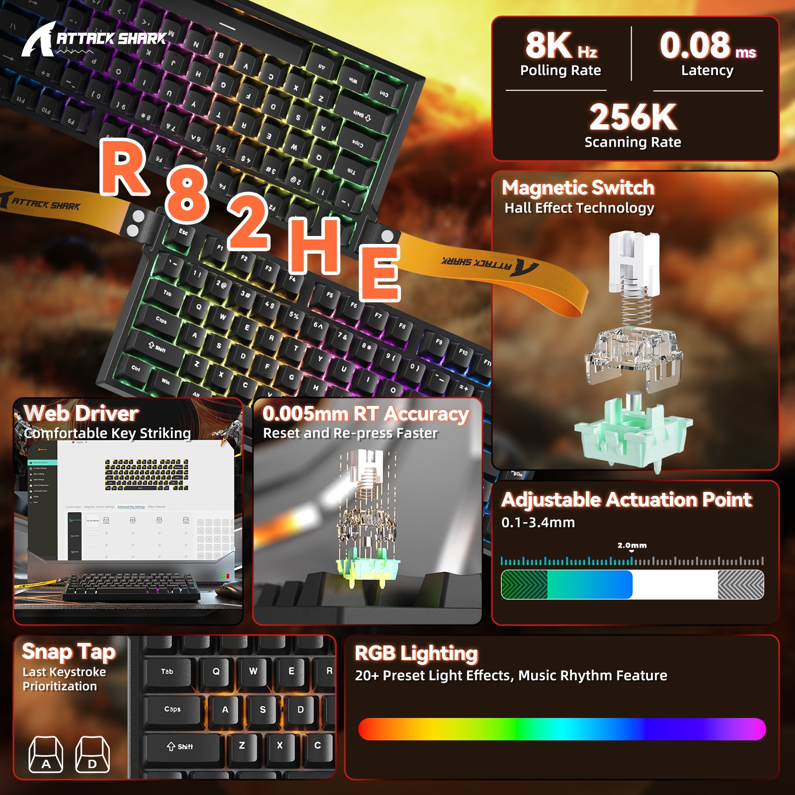 Teclado ATTACK SHARK R82 HE Rapid Trigger con interruptor magnético y RT de 0.005MM