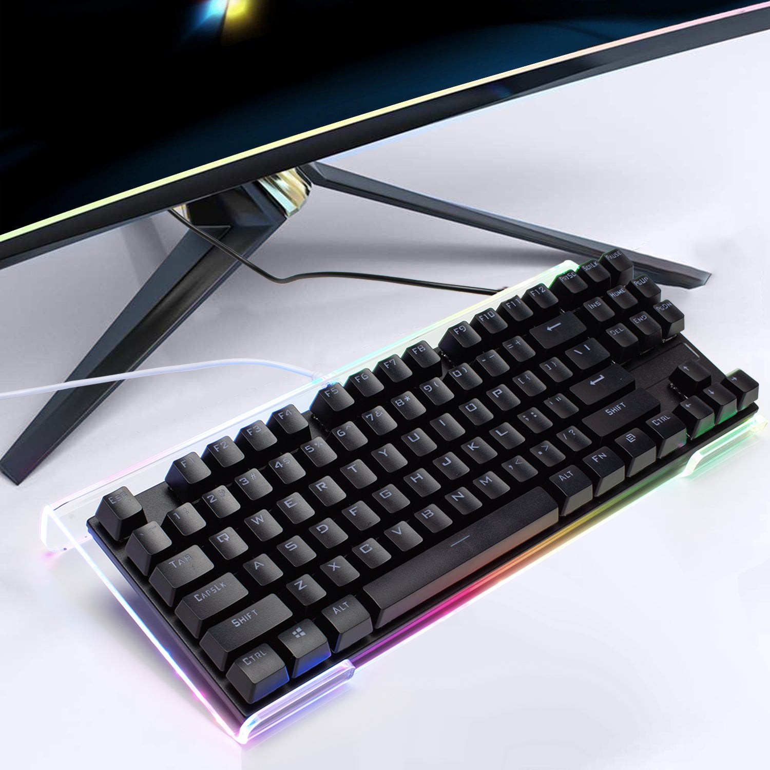 Ergonomic RGB keyboard holder with black mechanical keyboard and vibrant backlighting.