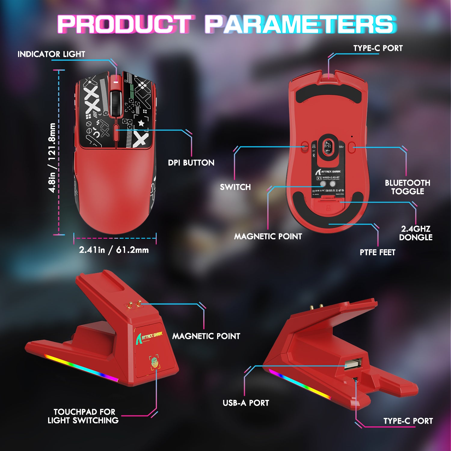 ATTACK SHARK X1 gaming mouse with RGB magnetic charging dock and touchpad