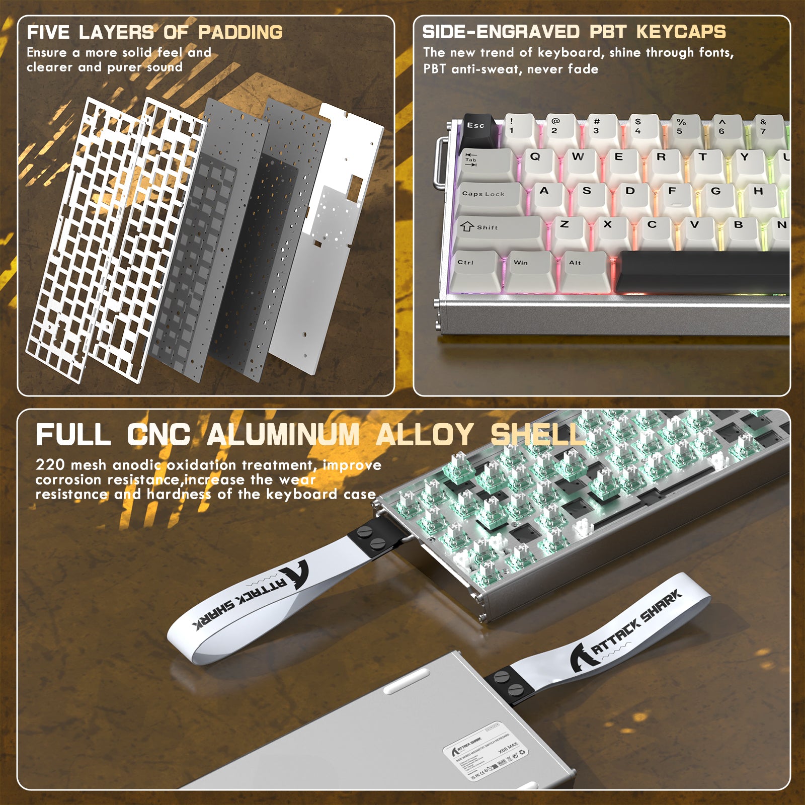 Teclado CNC de aluminio ATTACK SHARK X68MAX HE Rapid Trigger con interruptor magnético y cable en espiral RGB C01Ultra