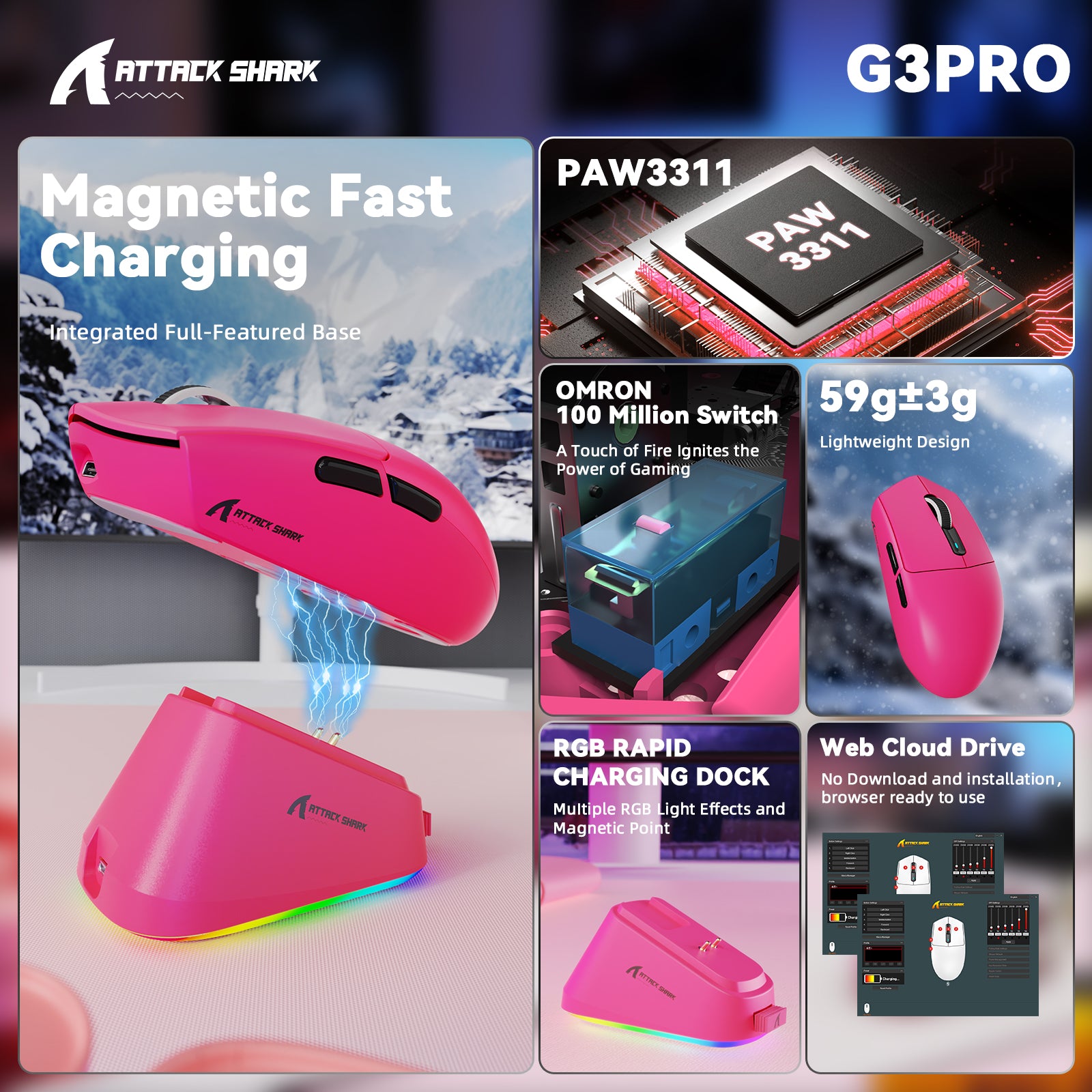Ratón inalámbrico para juegos ATTACK SHARK G3 PRO de triple modo con base de carga 25000 DPI Ultra ligero