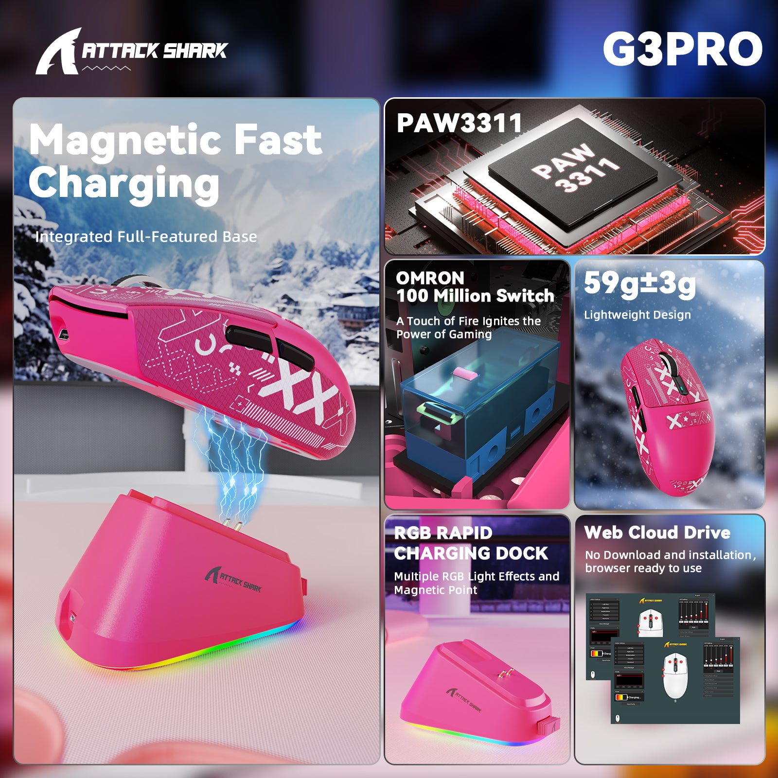 Ratón inalámbrico para juegos ATTACK SHARK G3 PRO de triple modo con base de carga 25000 DPI Ultra ligero