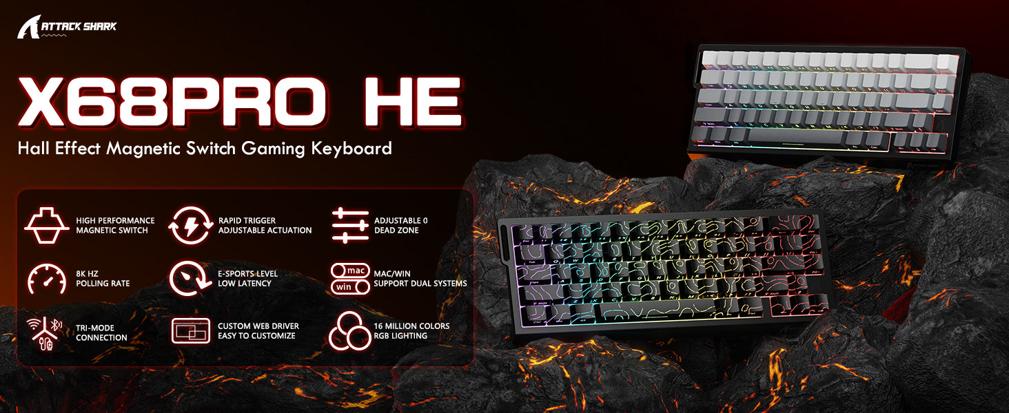 ATTACK SHARK X68PRO HE Teclado Inalámbrico de Disparo Rápido con Cable Enrollado