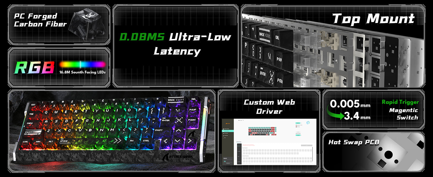 Teclado ATTACK SHARK R68 HE Rapid Trigger con cable en espiral RGB C01 Ultra de fibra de carbono con cableado