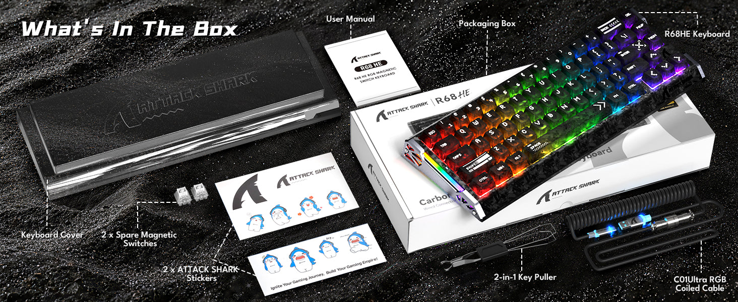 Teclado ATTACK SHARK R68 HE Rapid Trigger con cable en espiral RGB C01 Ultra de fibra de carbono con cableado
