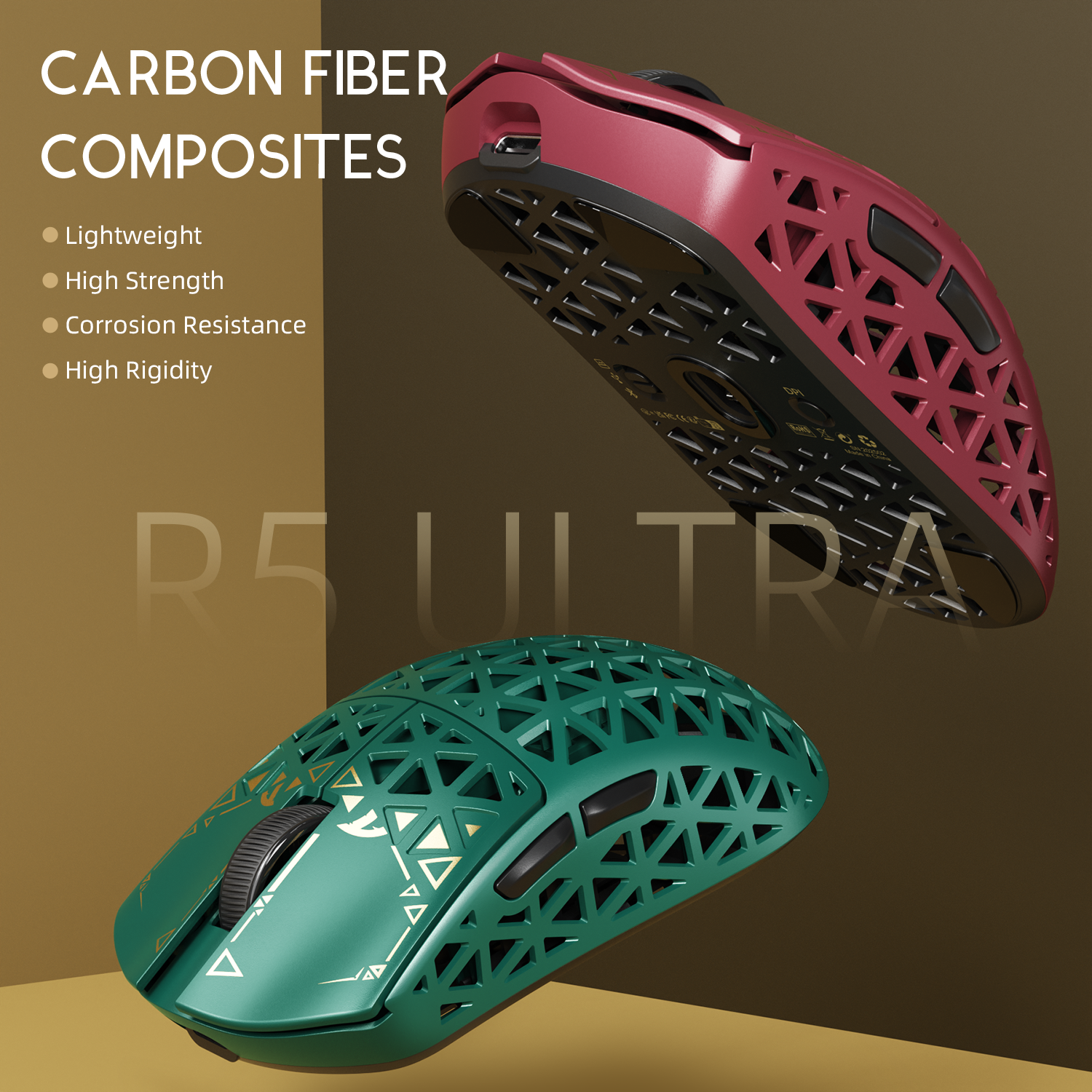 ATTACK SHARK R5 Ultra carbon fiber gaming mouse in red and green with honeycomb shell design