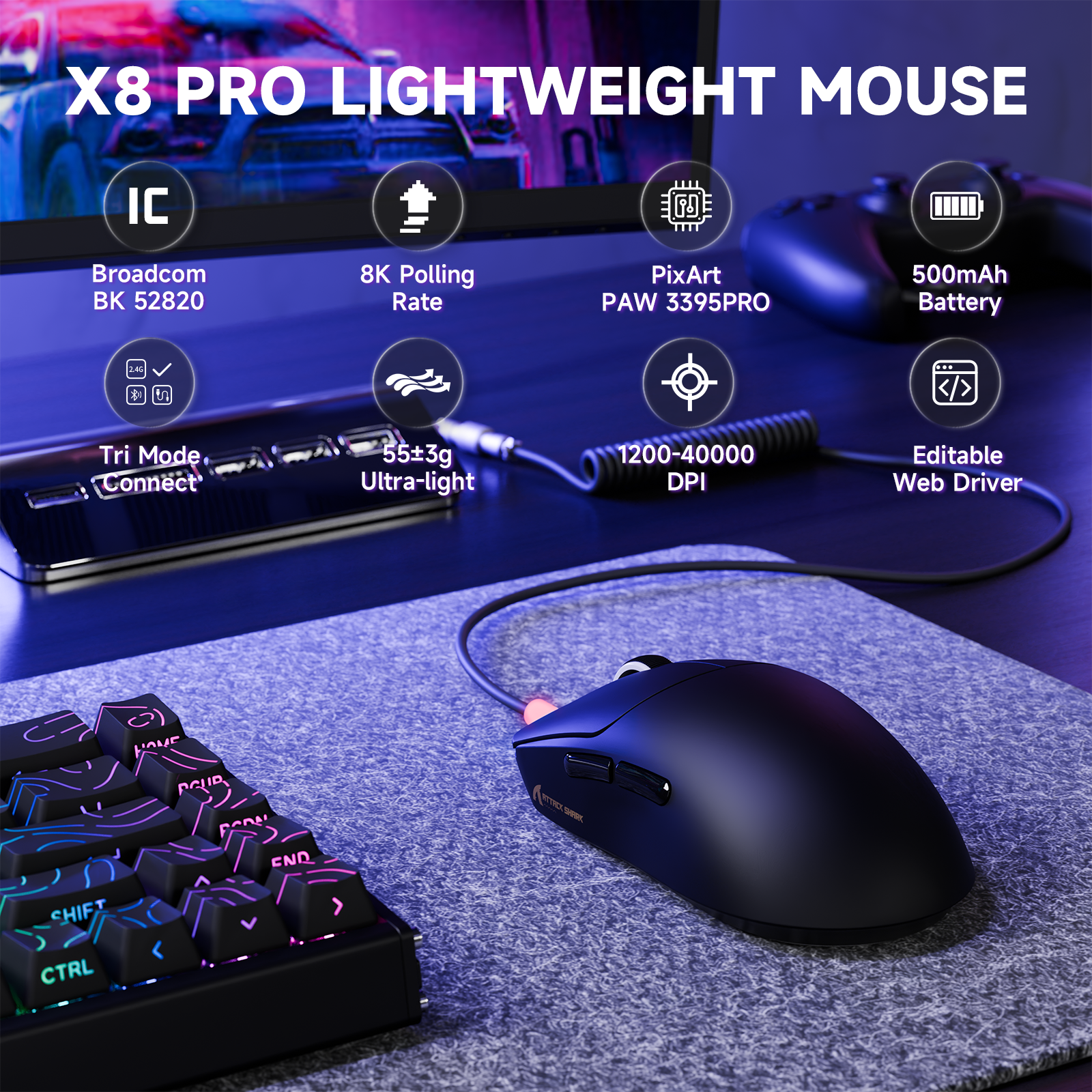 Ratón gaming inalámbrico ultra ligero ATTACK SHARK X8PRO y cable C06ULTRA