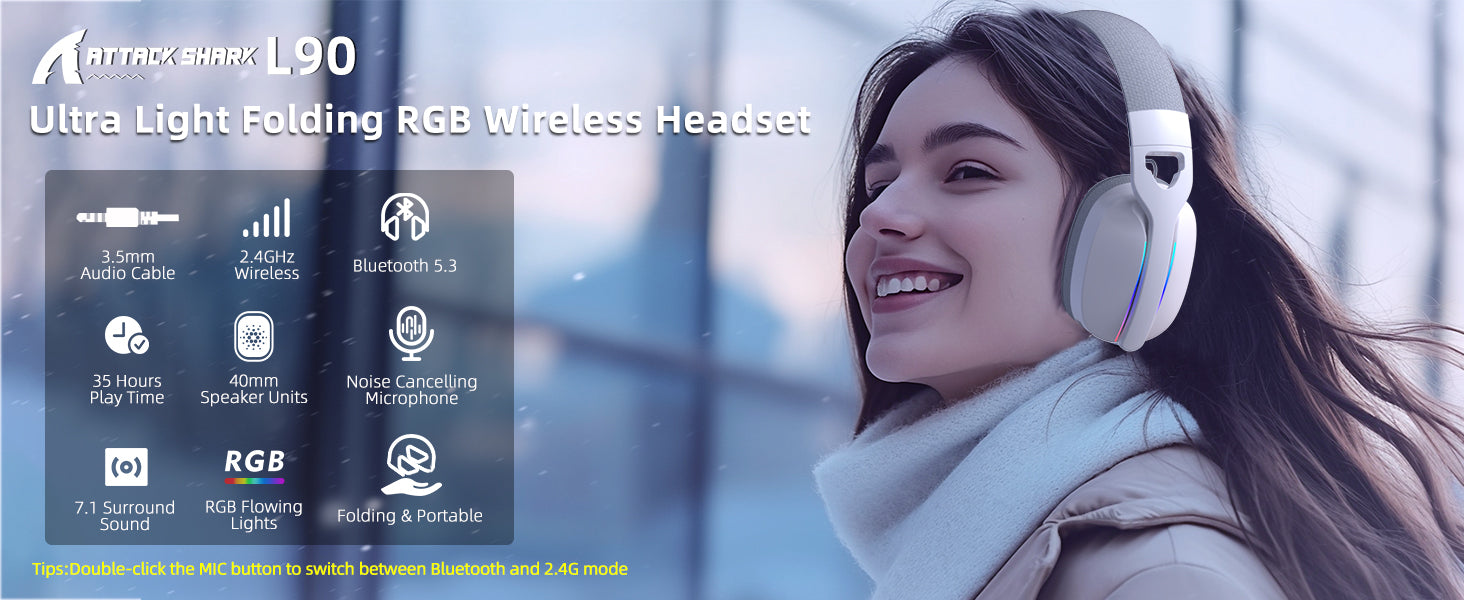 ATTACK SHARK L90 Auriculares para Juegos Plegables RGB Ultra-Ligeros Tri-Mode