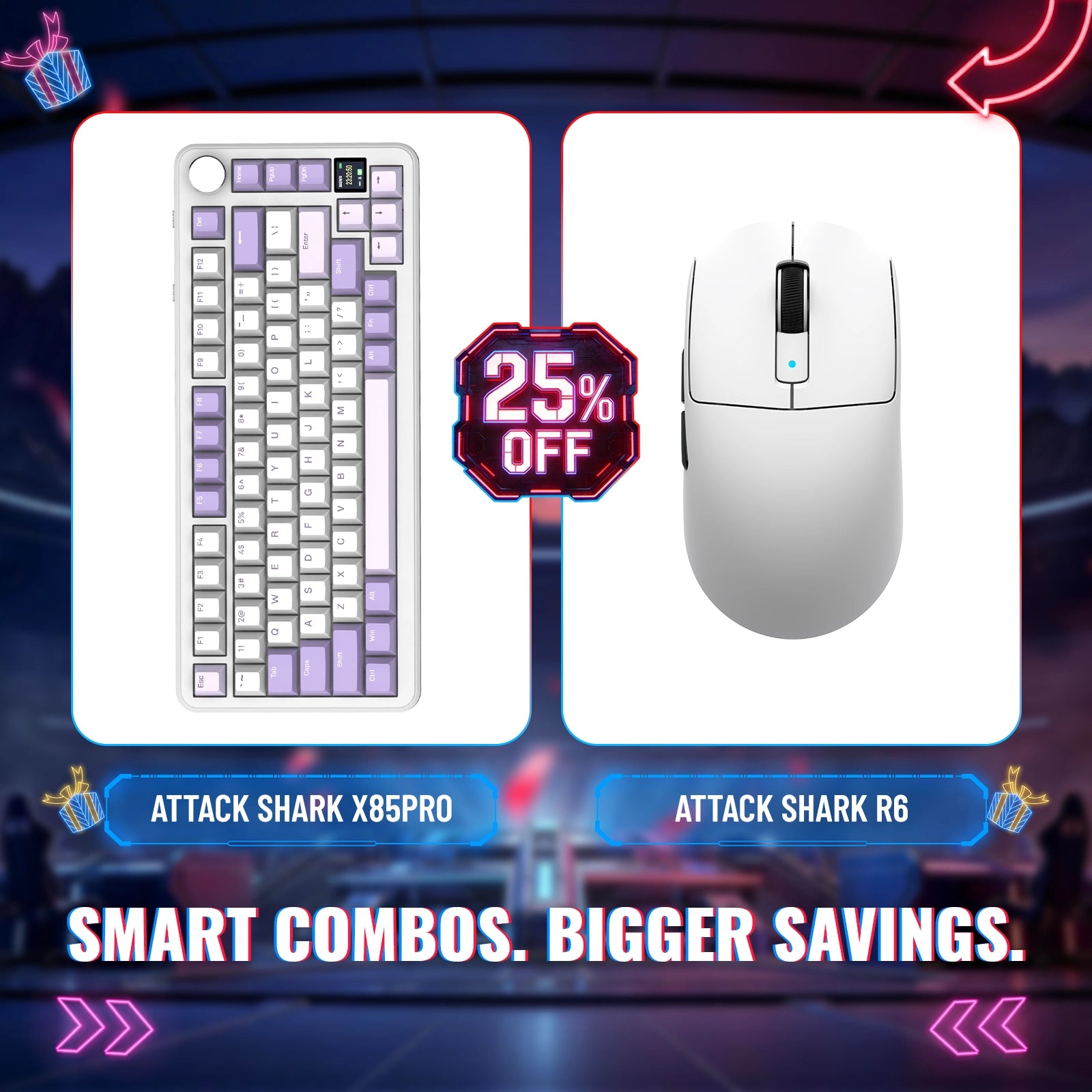 Paquete de teclado mecánico ATTACK SHARK X85PRO con junta de tres modos y ratón inalámbrico para juegos R6