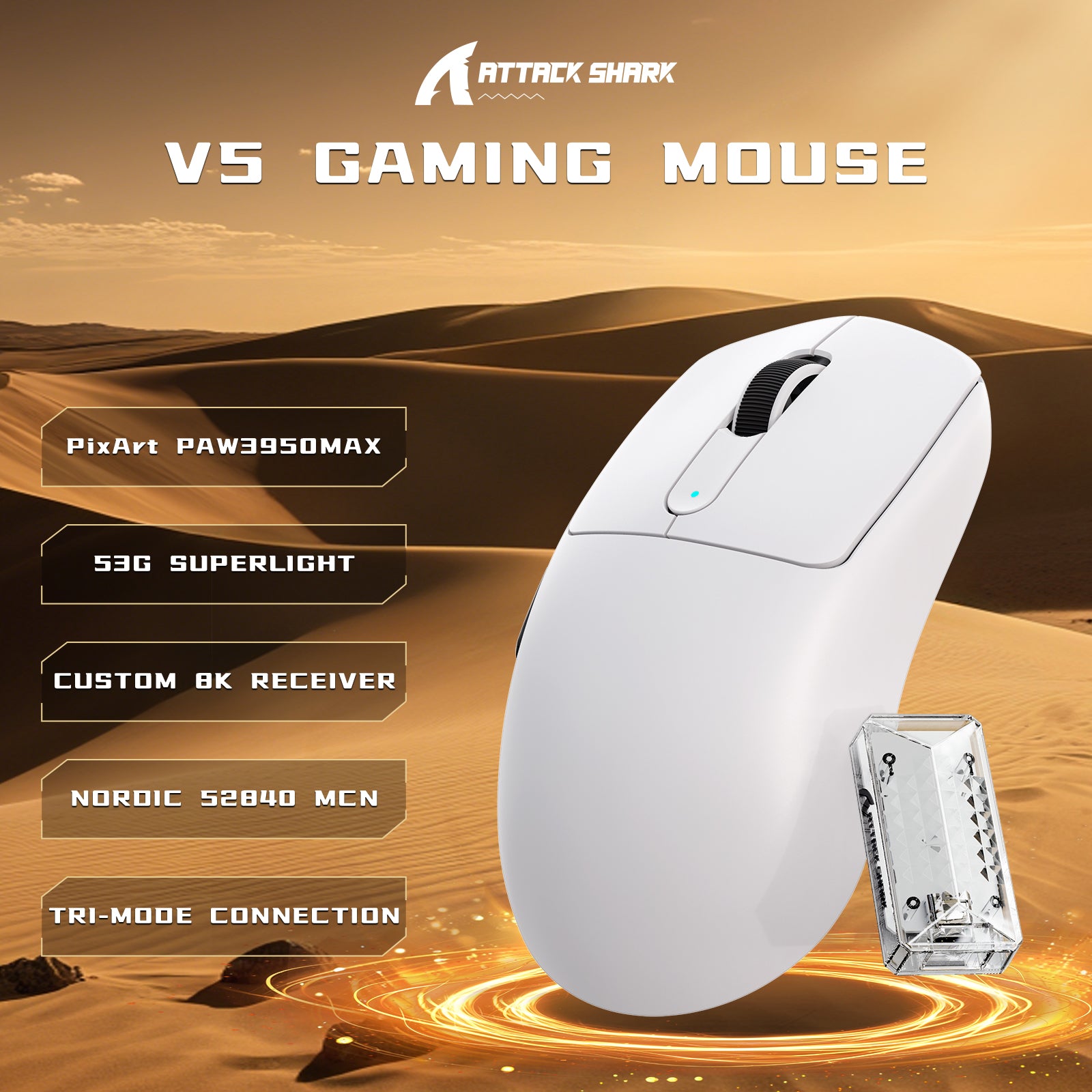 Ratón gaming inalámbrico ATTACK SHARK V5 8KHz PAW3950MAX con cable C06 Ultra