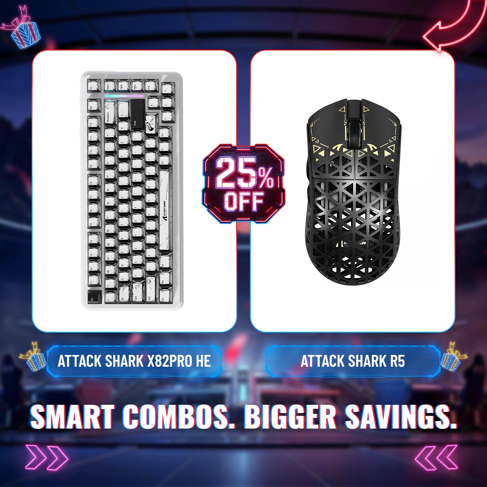 Paquete de teclado de disparo rápido ATTACK SHARK X82PRO HE + ratón inalámbrico para juegos de fibra de carbono R5