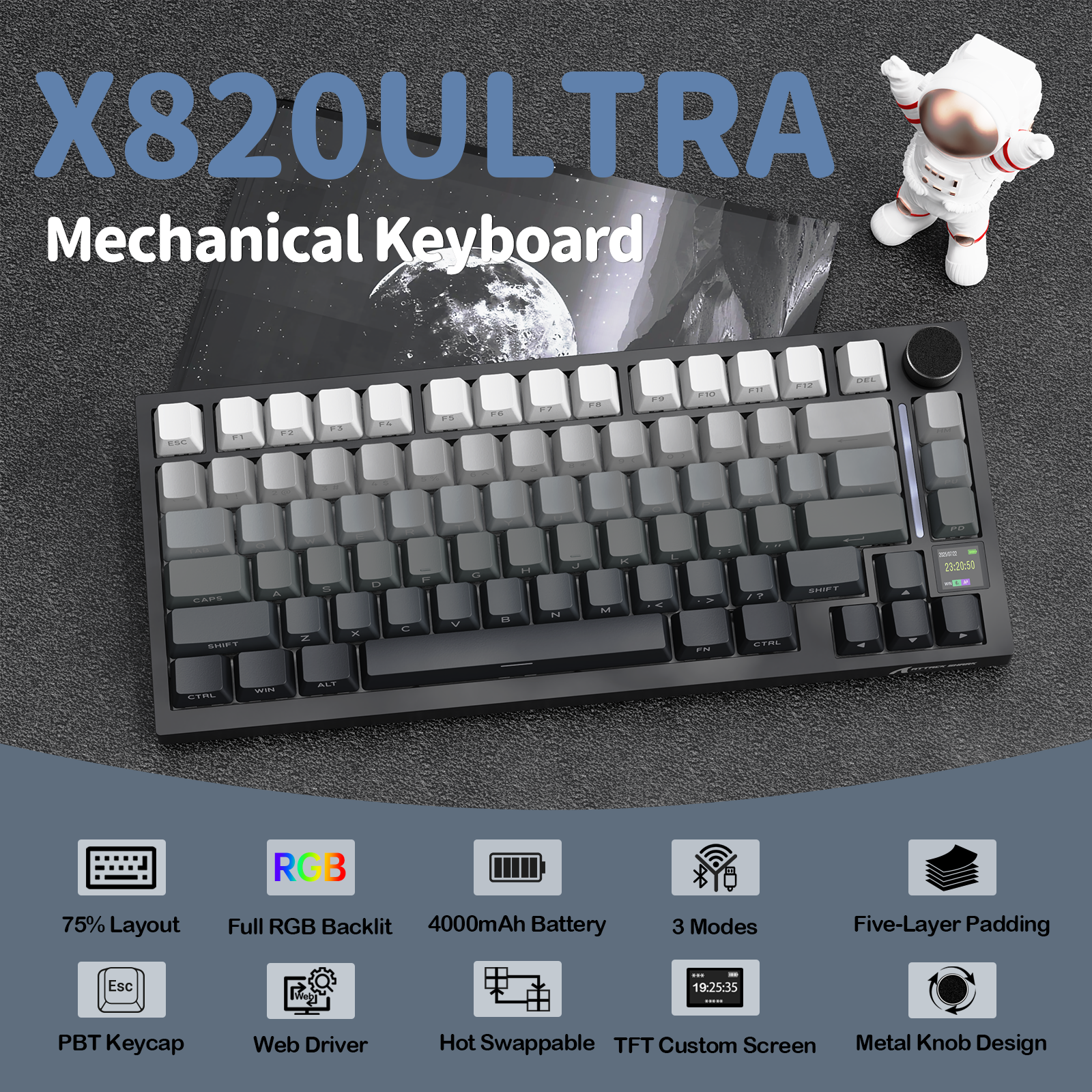 Teclado mecánico tri-modo ATTACK SHARK X820Ultra con junta