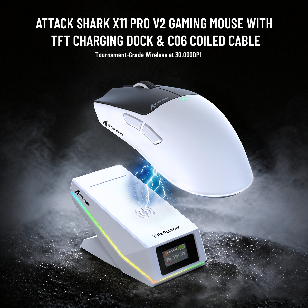 Ratón inalámbrico para juegos ATTACK SHARK X11 PRO V2 con pantalla TFT y base de carga con cable en espiral C06