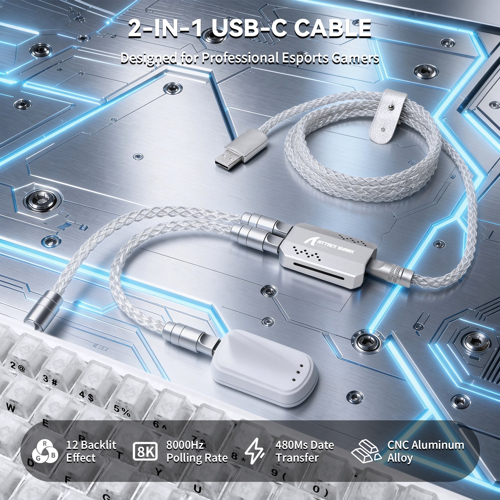 Cable 2 en 1 ATTACK SHARK C07 PRO Tipo C para teclado/ratón de juego 8KHz