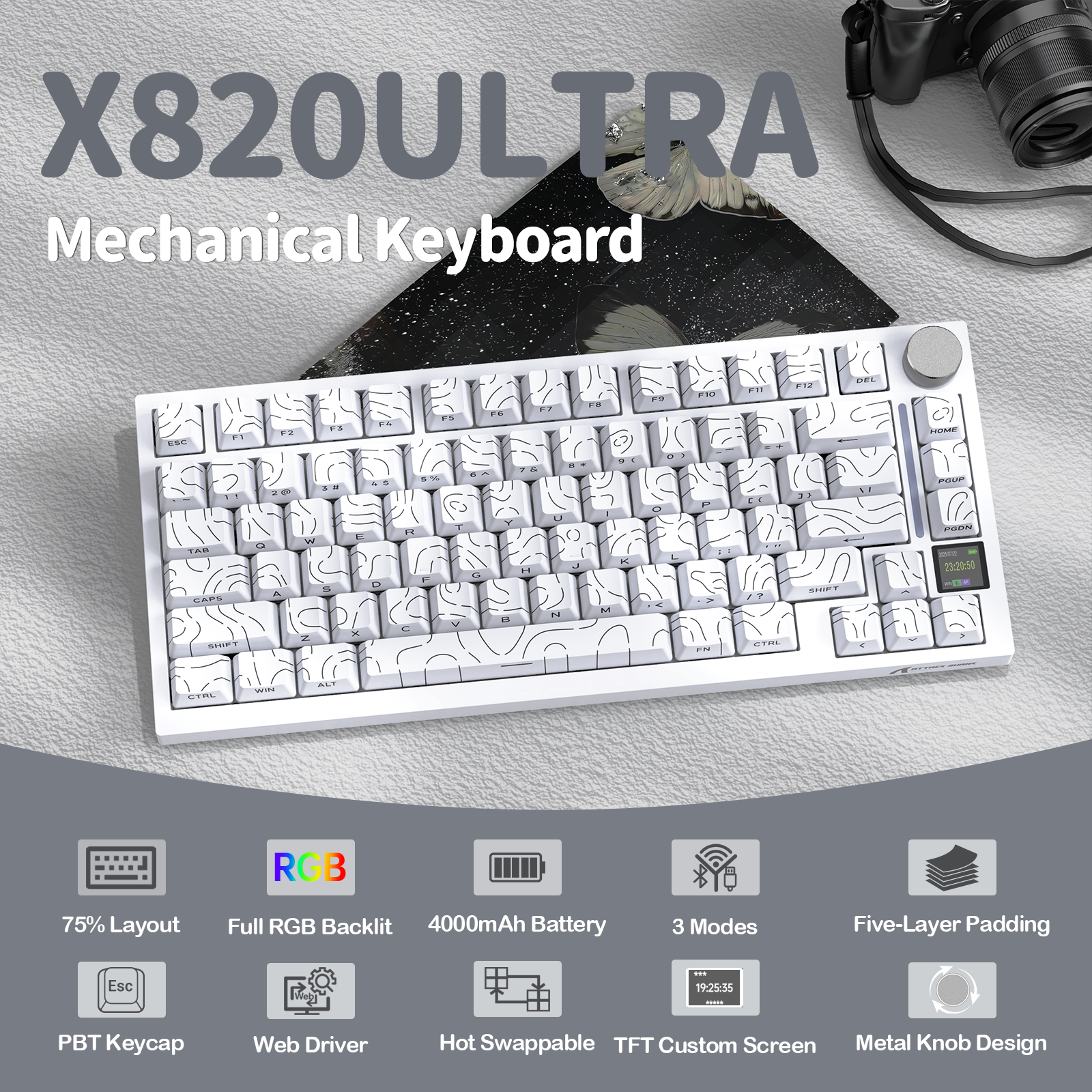 Teclado mecánico tri-modo ATTACK SHARK X820Ultra con junta