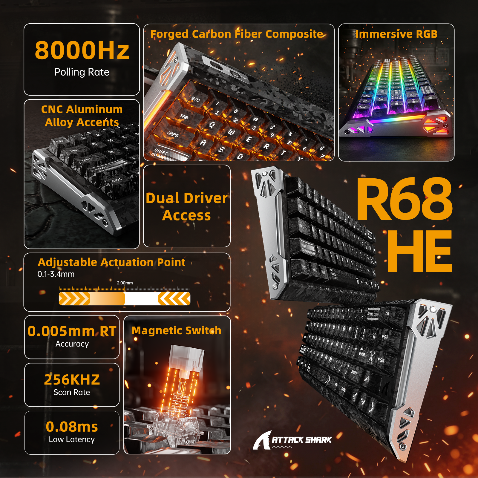 Teclado ATTACK SHARK R68 HE Rapid Trigger de fibra de carbono con interruptor magnético