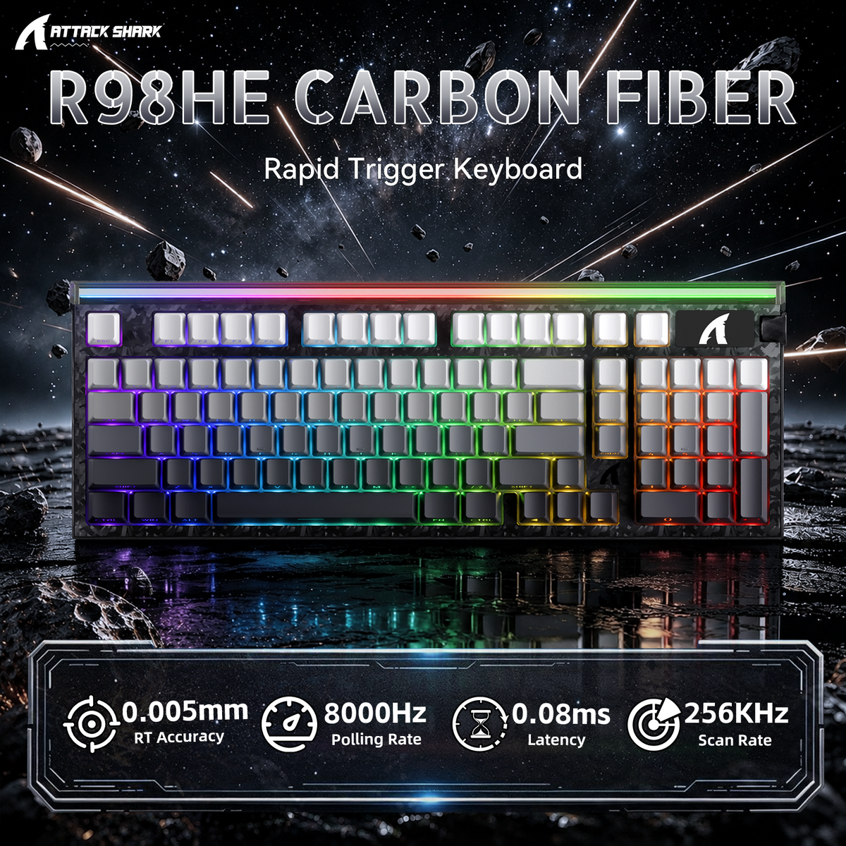 Teclado con cable ATTACK SHARK R98 HE de fibra de carbono, gatillo rápido, interruptor magnético y cable en espiral C01 Ultra RGB